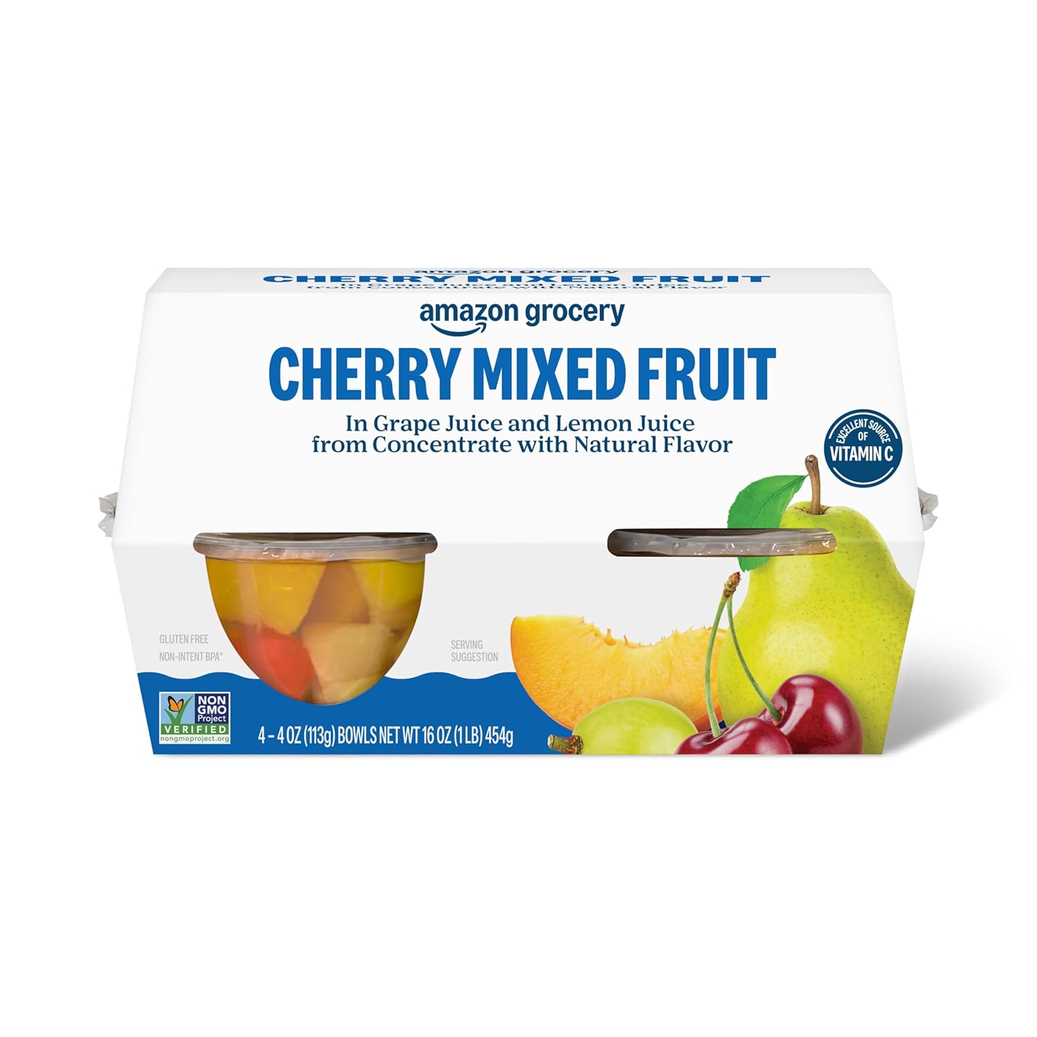 Amazon Fresh Cherry Mixed Fruit in Juice, 4oz Bowls Pack of 4 - Diced Peaches, Pears & Red Cherries Snack Cups