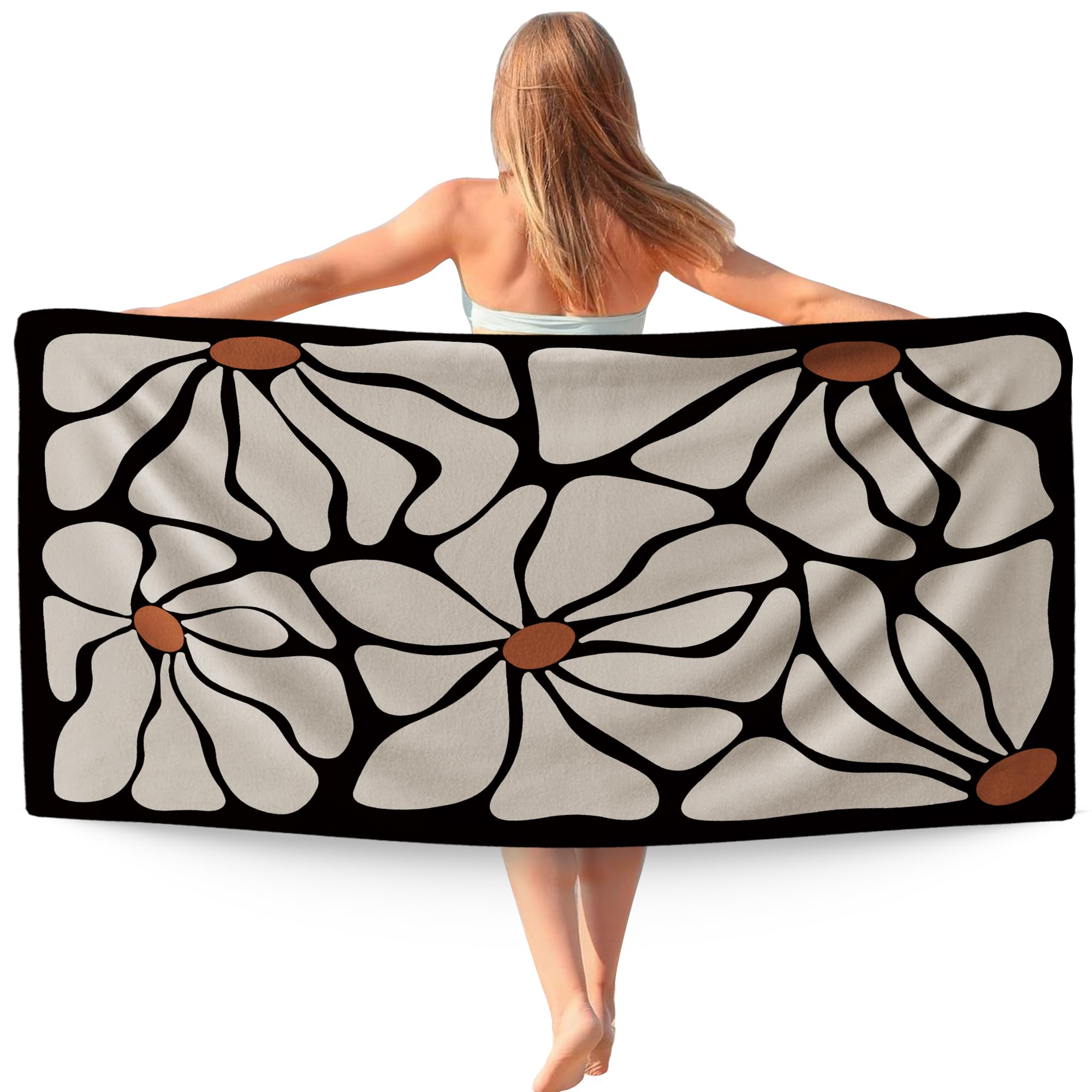 WAITPI Black Boho Floral Beach Towel, Boho Flowers Microfiber Beach Towels Oversized 30x60 Inch for Bathroom, Botanical Quick Dry Travel Sand Free