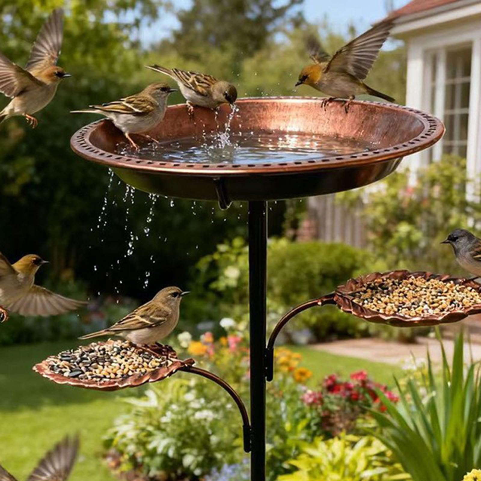 Große 12-Zoll Vogeltränke aus Eisen für den Außenbereich mit Abnehmbarer Schüssel und Futterspender in Blätterform für die Dekoration Hinterhof, Garten Vogeltränke