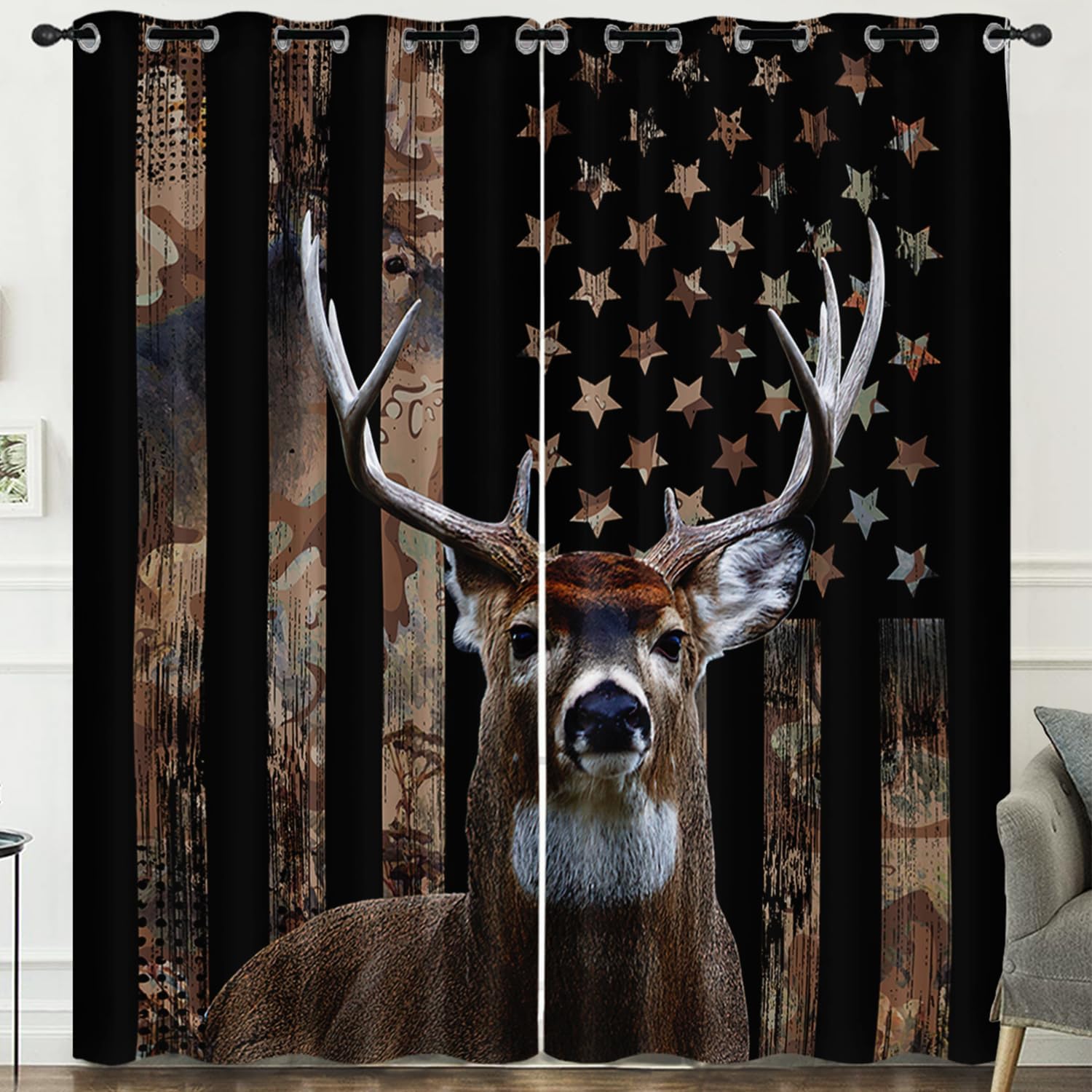 HOSIMA Hunting Deer Curtains for Bedroom & Living Room, 63 Inch Long 2 Panels Hunter Decor with American Flag & Forest Wildlife Theme