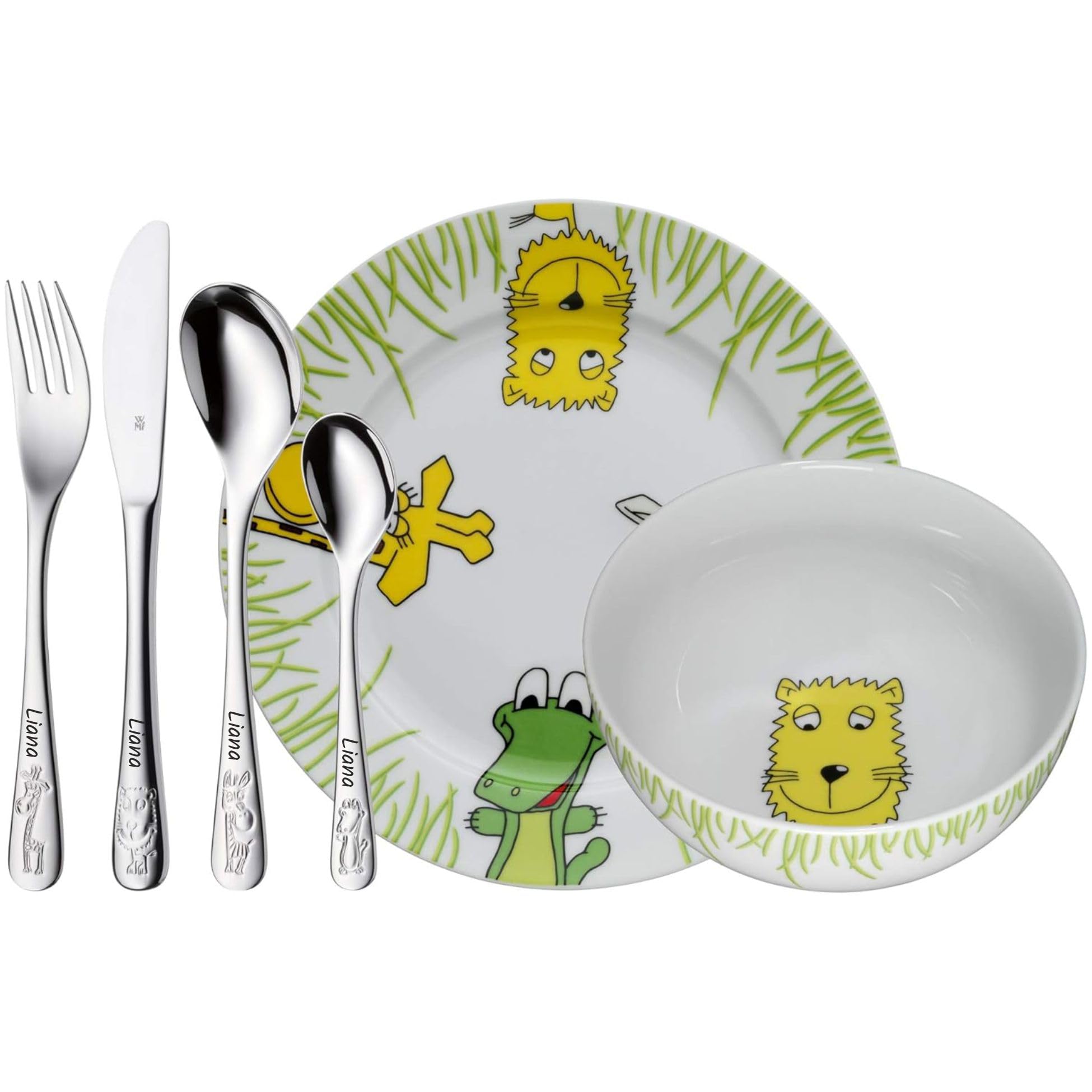 WMF Safari Set di stoviglie per bambini 6 pezzi con incisione – piatti personalizzati con nome – regalo per battesimo, nascita o compleanno da 3 anni