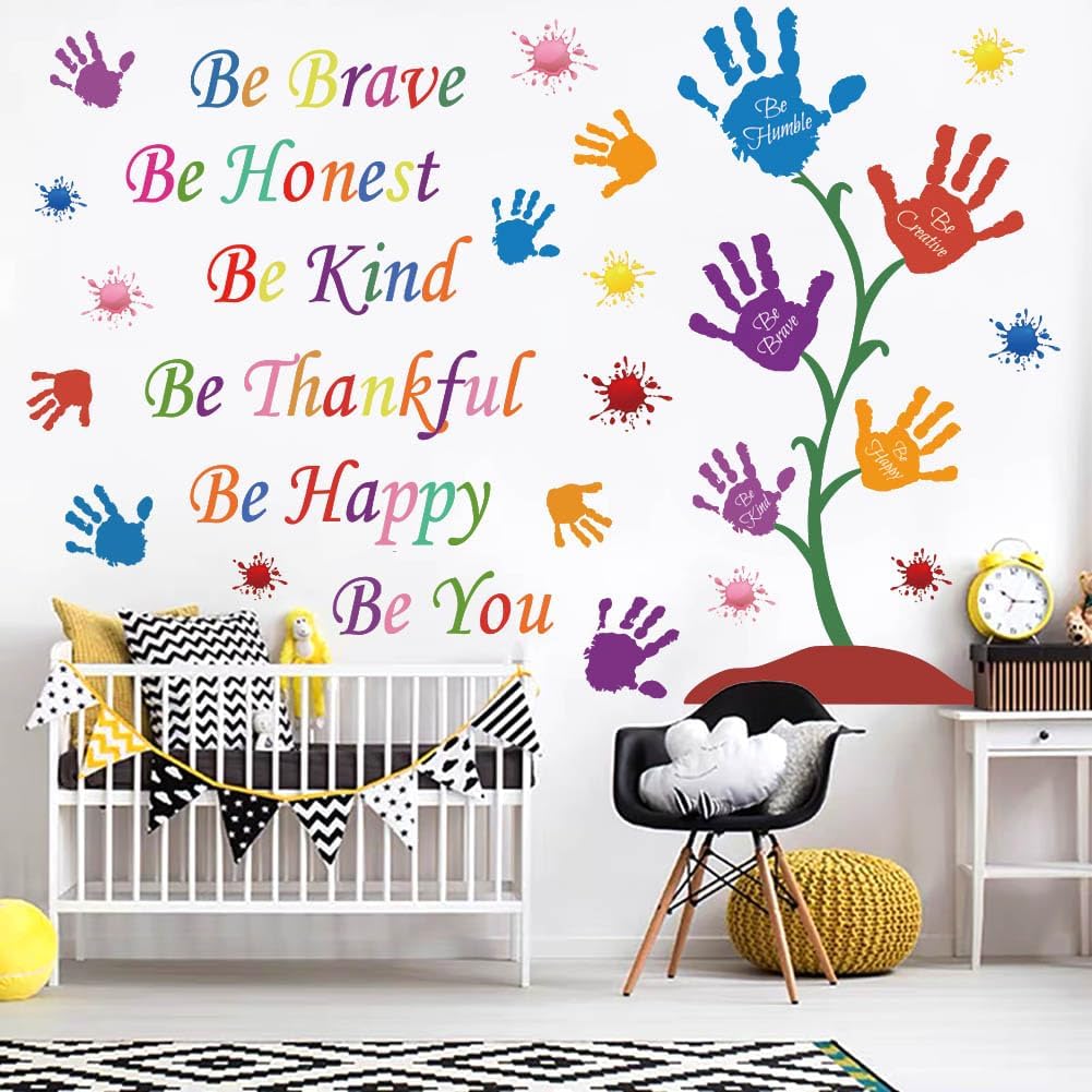 Colorful Inspirational Wall Decals Quotes Be Thankful Be Creative Be Brave Vinyl Paint Splatter Handprint Wall Art Sticker Peel and Stick Wall Decor Motivational Saying Wall Stickers for Kids Bedroom
