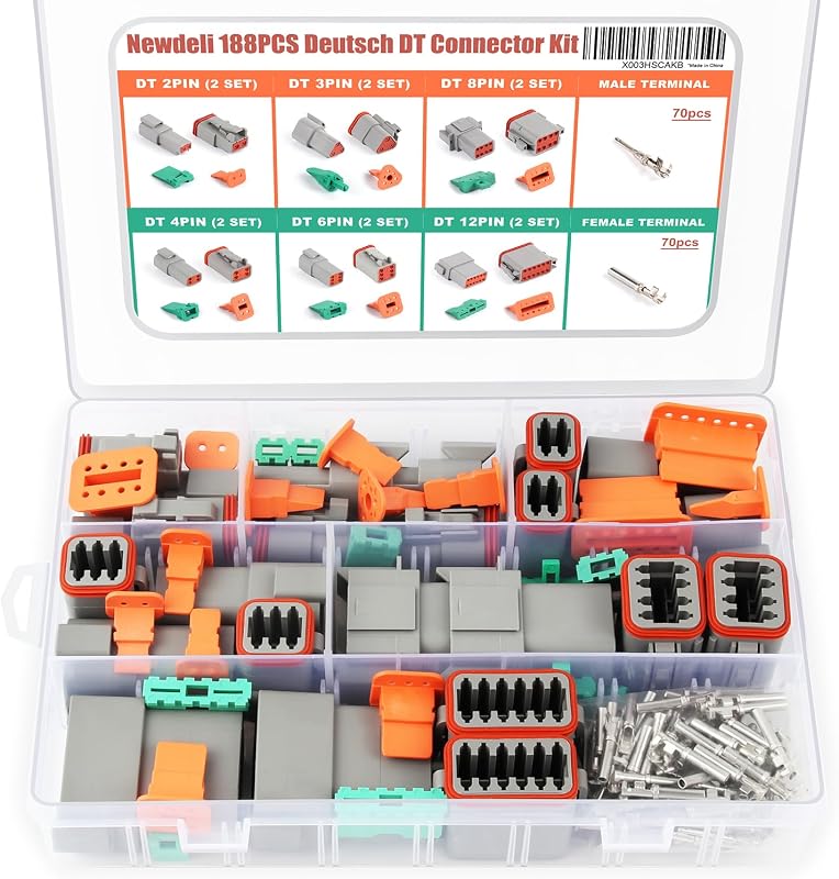 Kit de conectores elétricos automotivos Deutsch DT Newdeli com 2, 3, 4, 6, 8 e 12 pinos – 188 peças