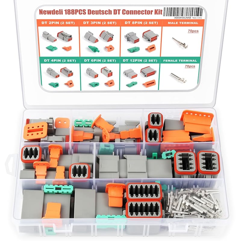 Kit de Conectores Elétricos Automotivos Deutsch DT Newdeli, 188 Peças, 12 Conjuntos, 2 a 12 Pinos, Contatos Tamanho 16 para Fios 14–20 AWG