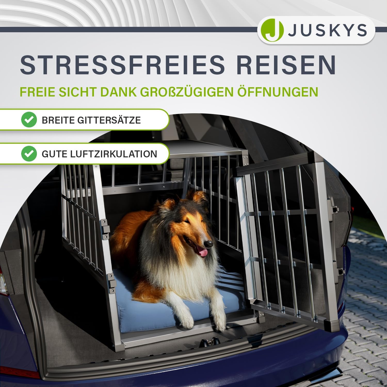 Juskys dog transport box placed securely in the trunk of a car