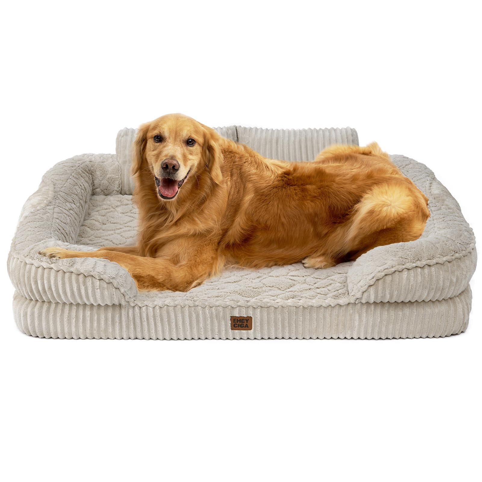 EHEYCIGA Memory Foam Cuccia Cane Interno Taglia Grande, 107x76x17.5cm, Impermeabile Divano per Cani con Schienale Alto 3 Supporti per Collo, Sfoderabile e Lavabile, Lino