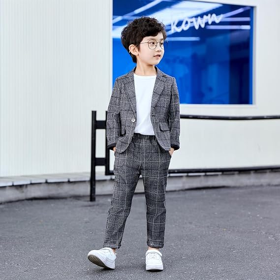 lontakids Boys Plaid Blazer Pants Set Casual Suit Classic 2 Piece Outfit