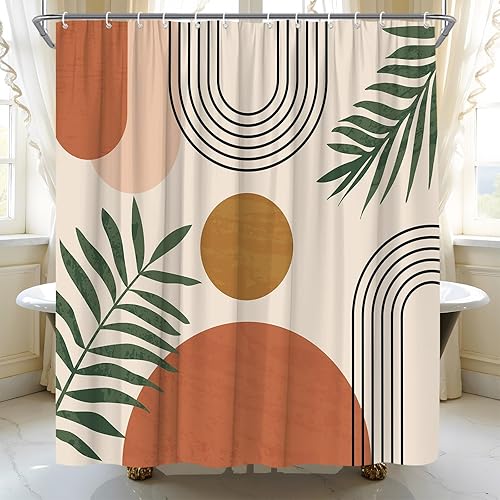Miniatura 3 de Cortina de ducha moderna de mediados de siglo, bohemio, beige, naranja, abstracta, retro, estética, para decoración de baño, bañera con ganchos (70