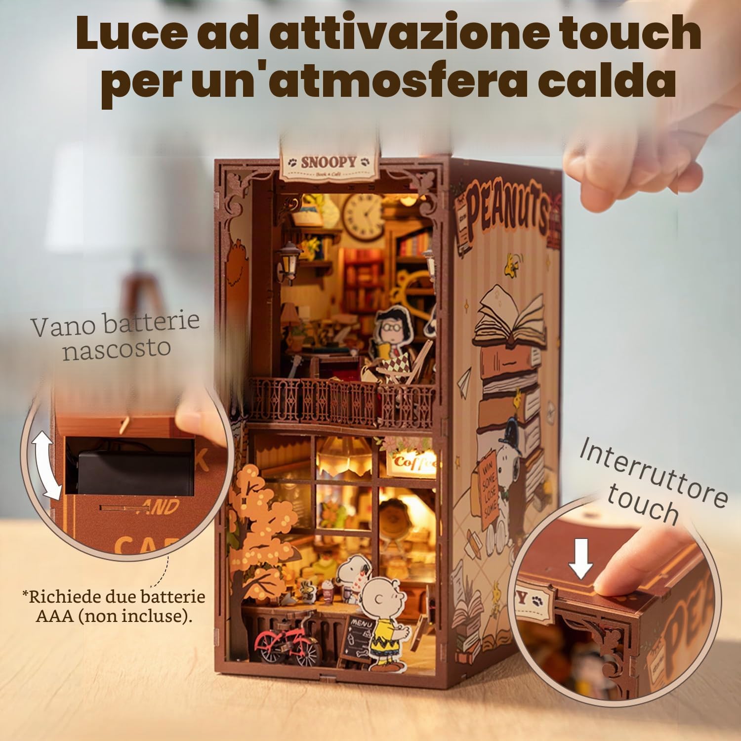 puremind Snoopy PEANUTS Book Nook, Puzzle 3D legno, mini caffè luminoso DIY
