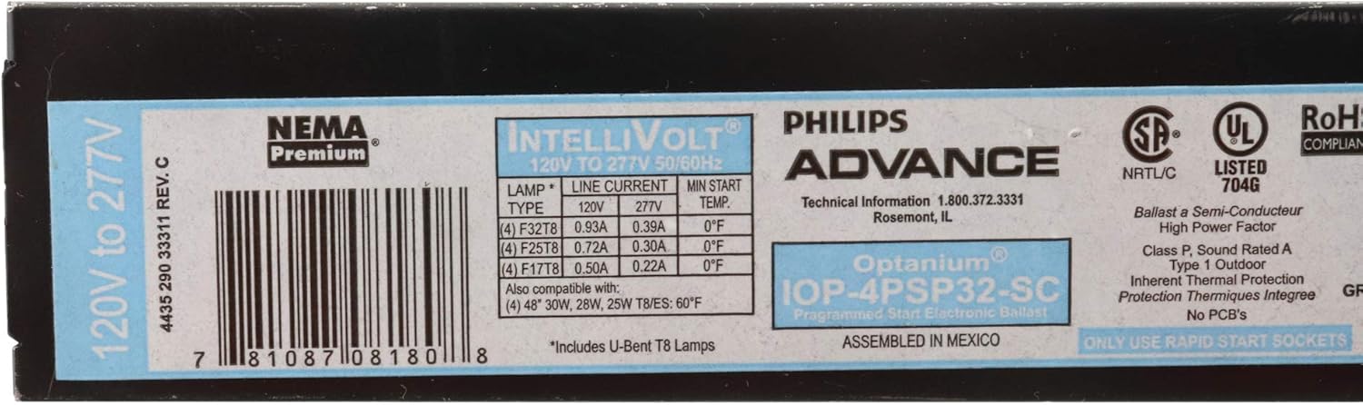 Advance IOP-4PSP32-SC Electronic Fluorescent Ballast, 4-Lamp, T8 F32T8 32W, 120/277V