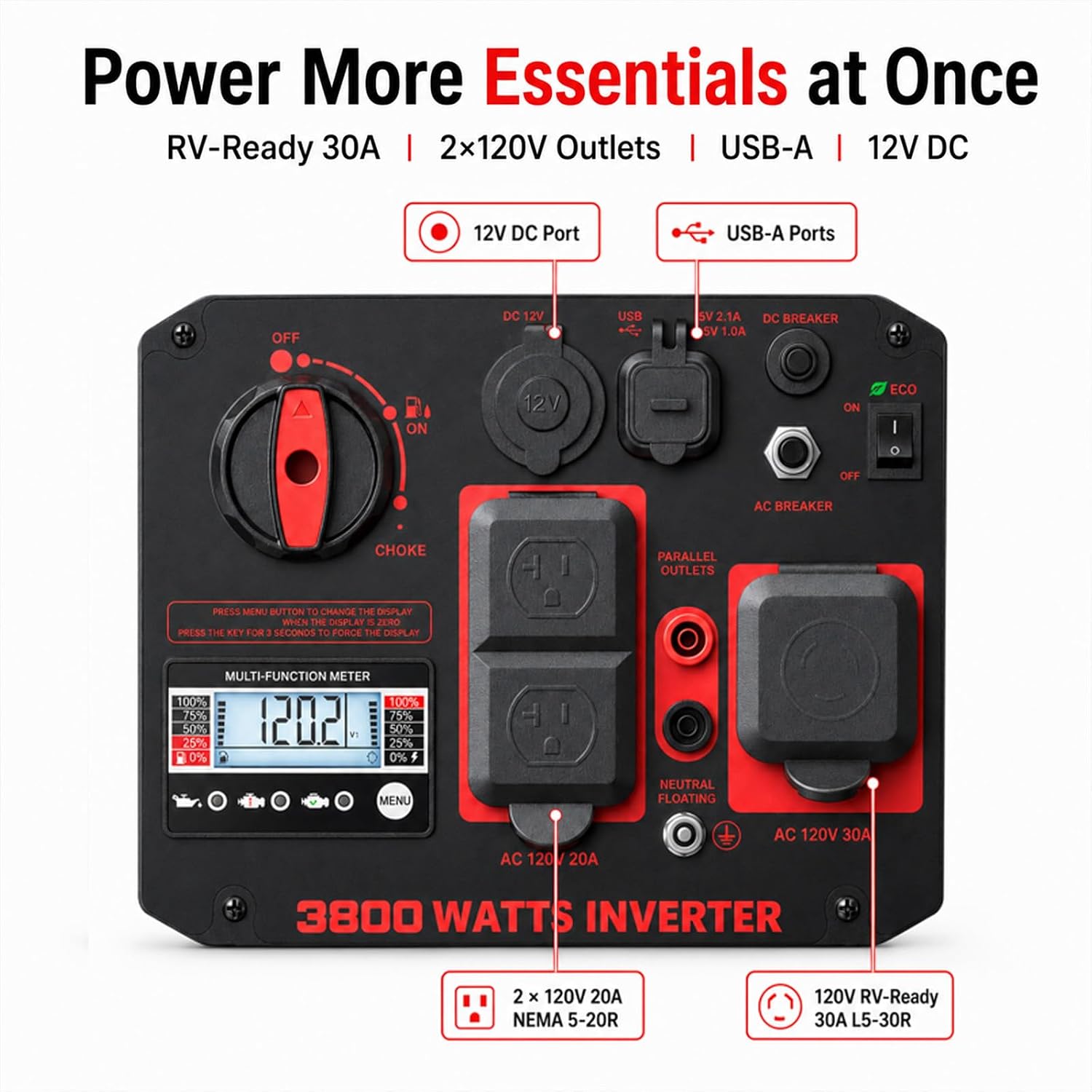 AMERISUN 3800W Portable Inverter Generator with CO Sensor, Quiet and Lightweight Gas Generator for Camping, Home Use, RV Ready 30A Outlet, EPA Compliant