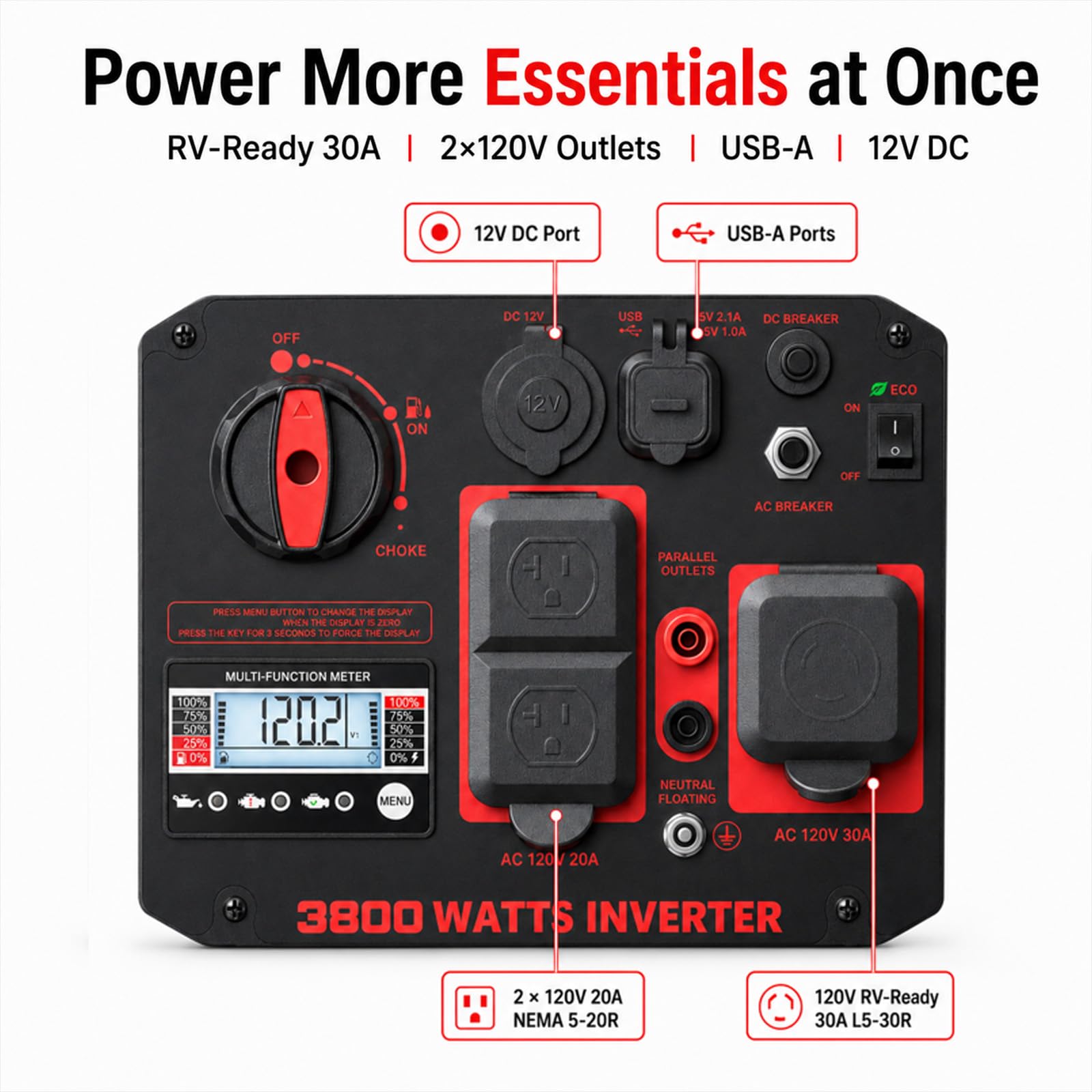 AMERISUN Generatore inverter portatile alimentato a gas da 3800 W, generatore silenzioso con sensore CO modalità ECO, capacità parallela, lunga durata, conforme EPA per tailgating casa campeggio uso