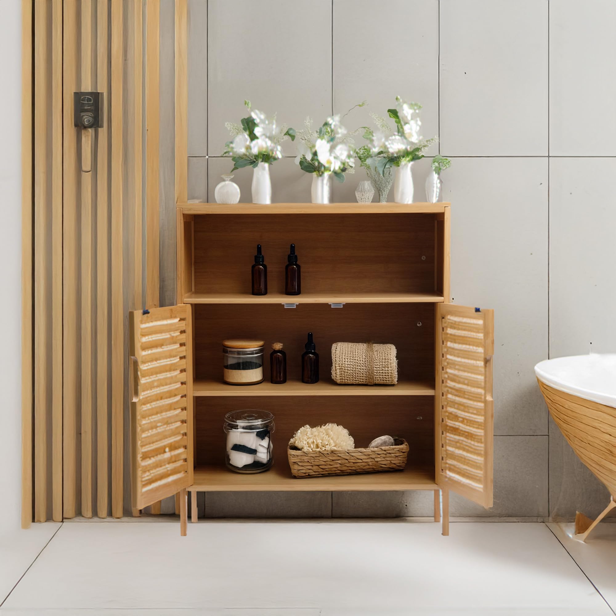 Armadietto da bagno in bambù, con 3 ripiani, 81 x 65 x 31 cm, colore naturale