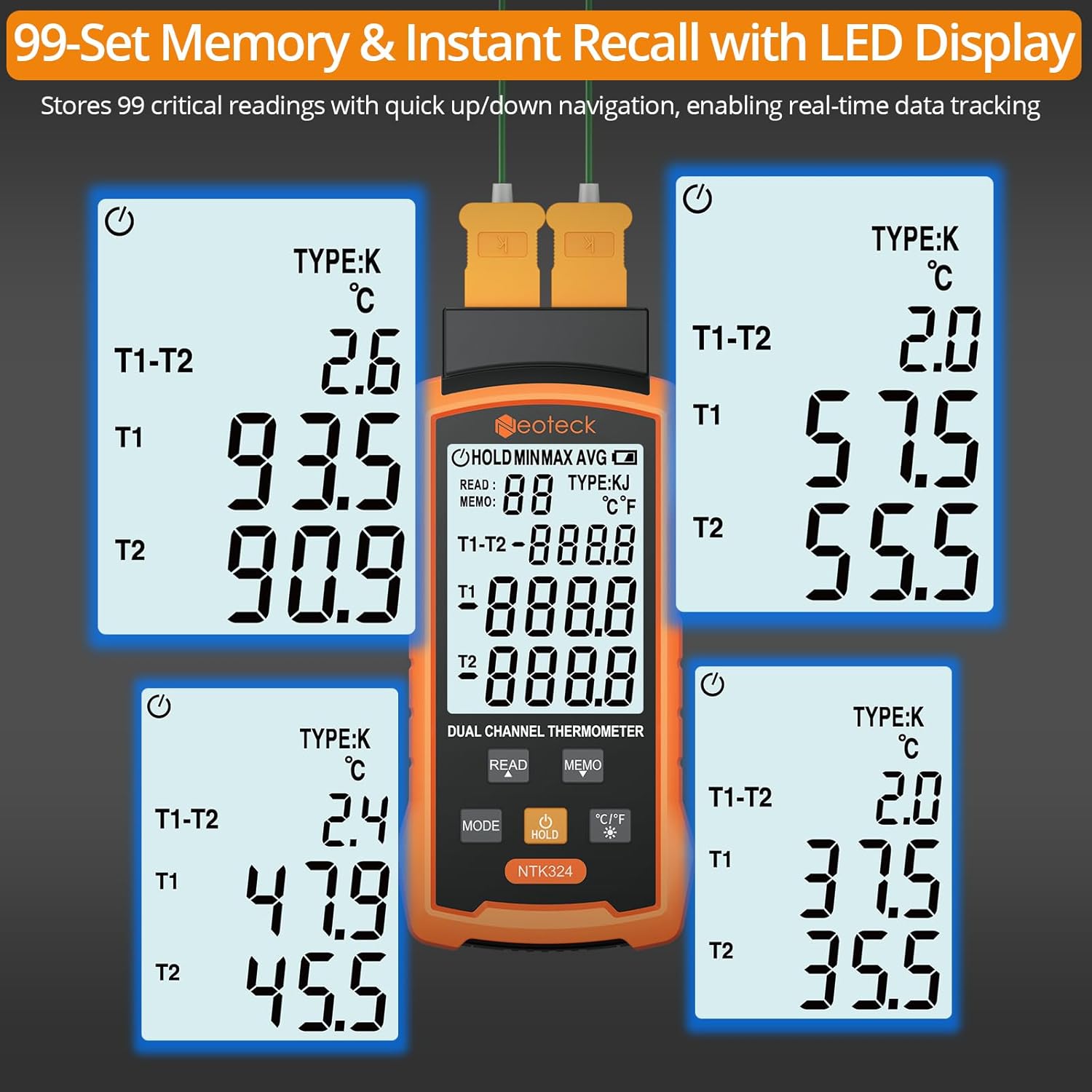 Neoteck Digital Thermocouple Thermometer -50~700℃High-Precision Dual Channels with 4 K-Type Thermocouples Data Storage and Retrieval Widely Used in HVAC, Automobile,Electrical Maintenance etc.