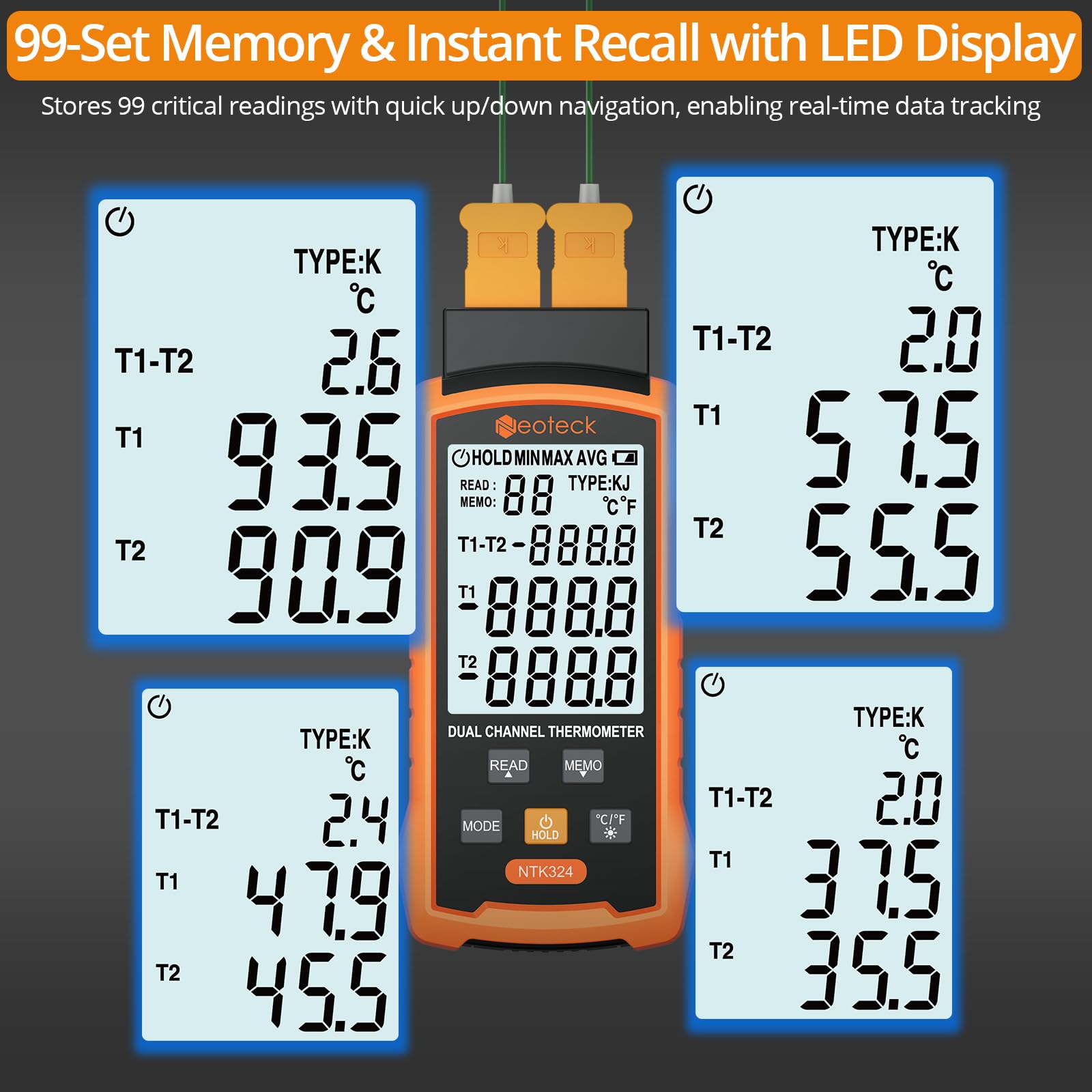 Neoteck Termómetro Termopar Tipo K/J 2 Canales con 4 Termopares °C/°F Almacenamiento 99 Datos HVAC Industrial