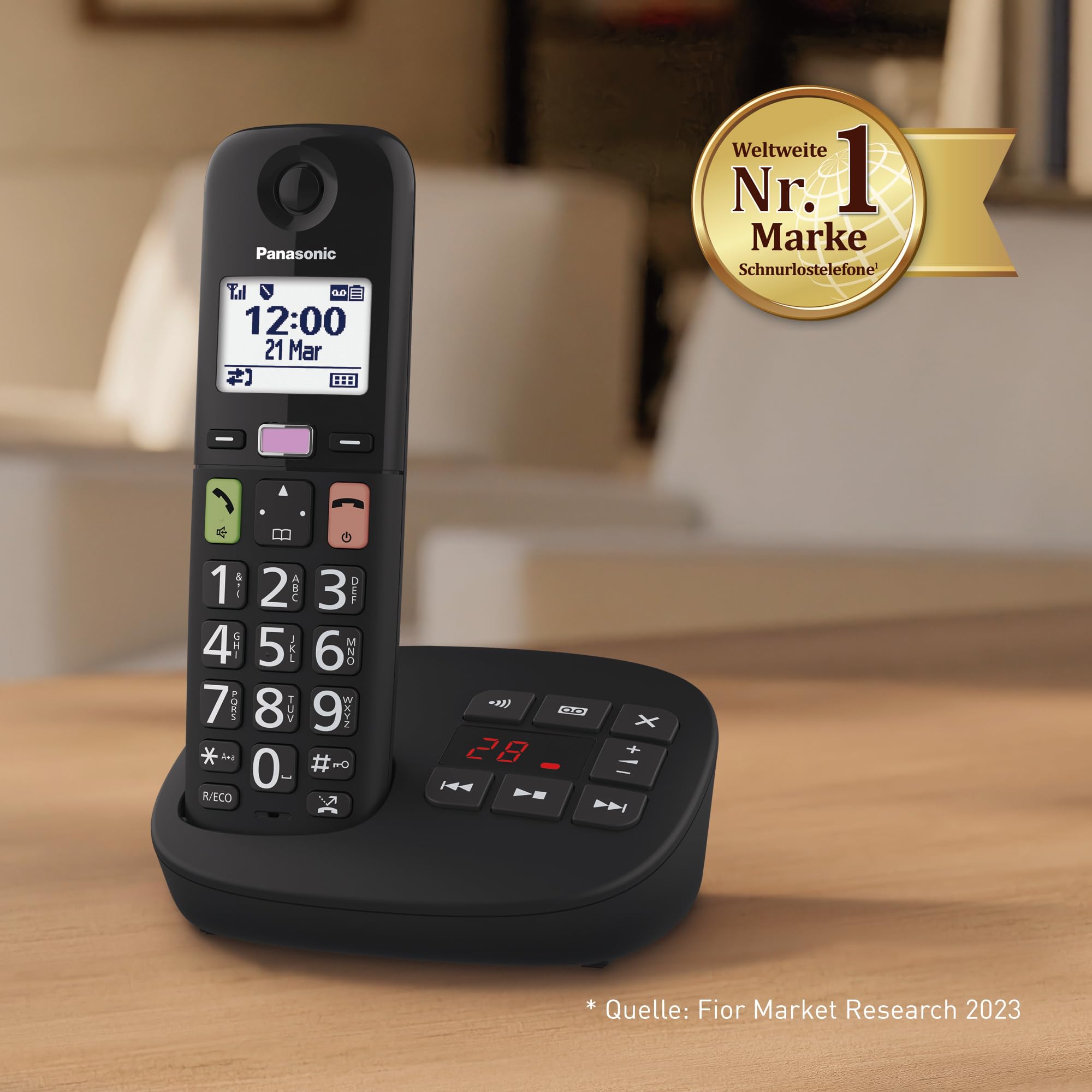 Panasonic KX-TGU130EXB digitales schnurloses Telefon mit Anrufbeantworter, Basisstation & 1 Mobilteil, LCD-Display, große Tasten, Schwarz