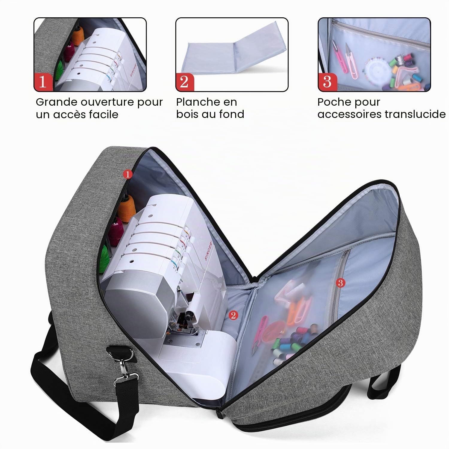 Yarwo Sac de Rangement pour Surjeteuse, Planche de Bois Amovible | Avec Planche Bois Amovible, Rembourrage Épais, Poche Devant avec 3 Pochettes et Poches Translucides pour Surjeteuses
