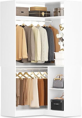 Aheaplus - Sistema de armario de esquina con estantes, organizador de 34'' con varillas para colgar, de madera para espacios pequeños, torre
