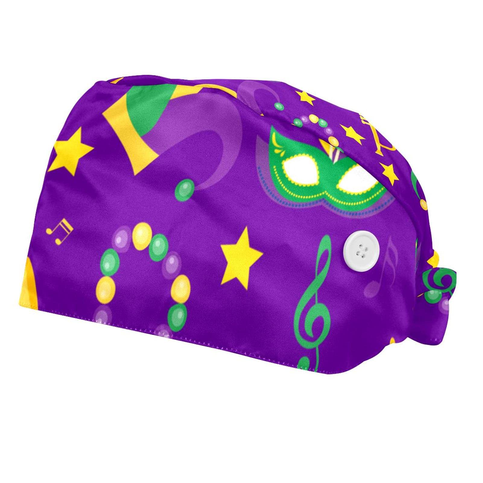 BeCrazier 2PCS Mardi Gras Carnival Feathers Beads Working Cap with Button, Women Men Breathable Lace Up Sweatband Work Hat Hair Cover, Multicoloured 18, Medium-Large