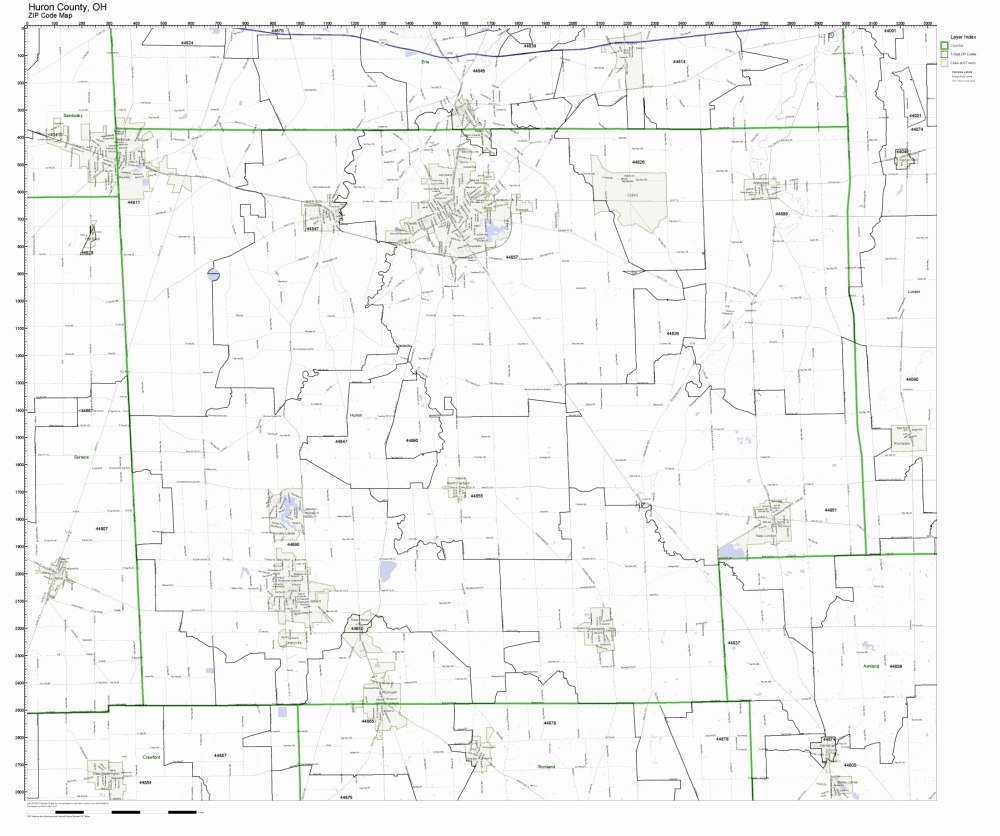 Huron County, Ohio OH ZIP Code Map Not Laminated Office