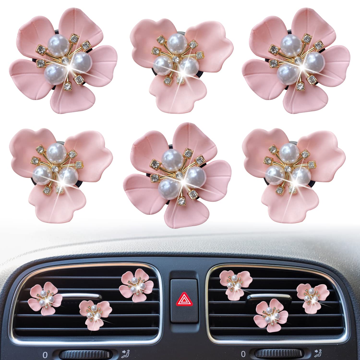 Bling Daisy 6 Pc Pearl Flower Air Vent Clips Car Accessory Diffusers Rhinestone Decorations (Pink)