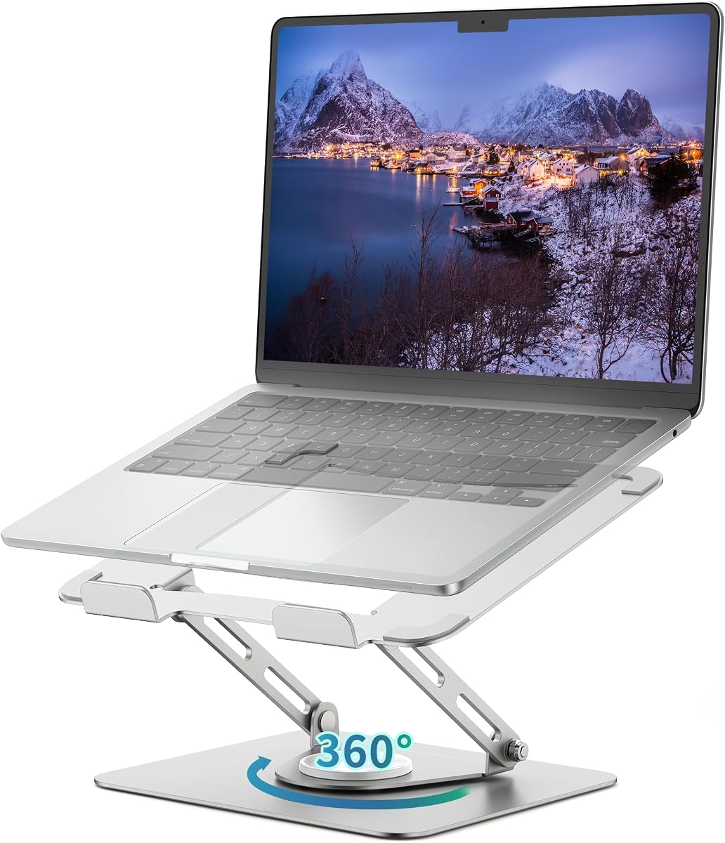 ALASHI Soporte para computadora portátil para escritorio con base giratoria de 360°, soporte ajustable multiángulo para computadora portátil, elevador plegable compatible con computadora PC de 10 a 17 pulgadas, plateado