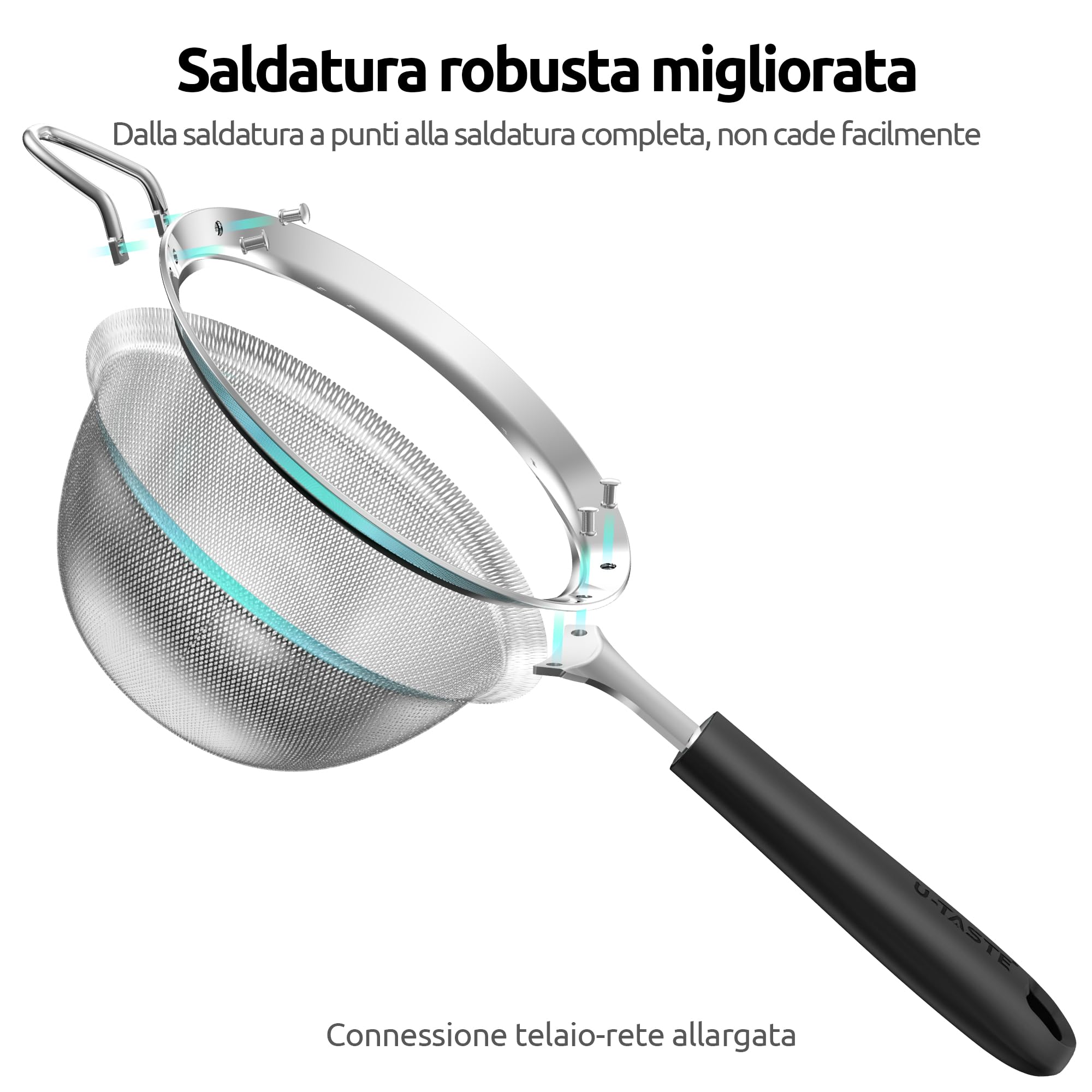 U-Taste Setaccio a Maglia Fine: Colino da Cucina in Acciaio Inossidabile 18/8 da 12 cm con Manico in Silicone Robusto Rivettato per Setacciare la Farina, Filtrare il Tè Riso Quinoa (Nero)