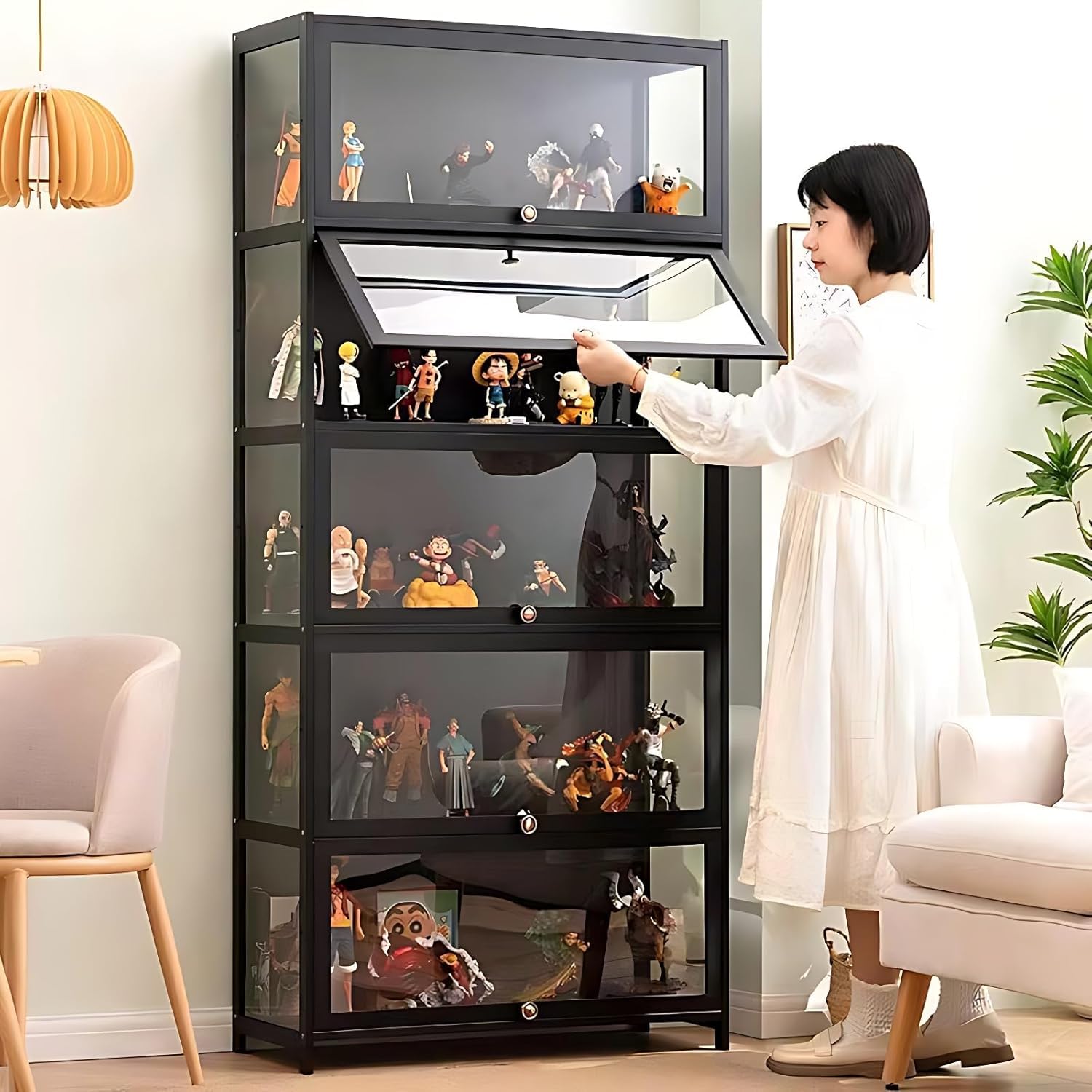 Armadio con porta in vetro acrilico, custodia di 5 livelli, Organizzatori di giocattoli da collezione Rack & Display Shelf, libreria per bambini per camera da letto (Coperchio nero)