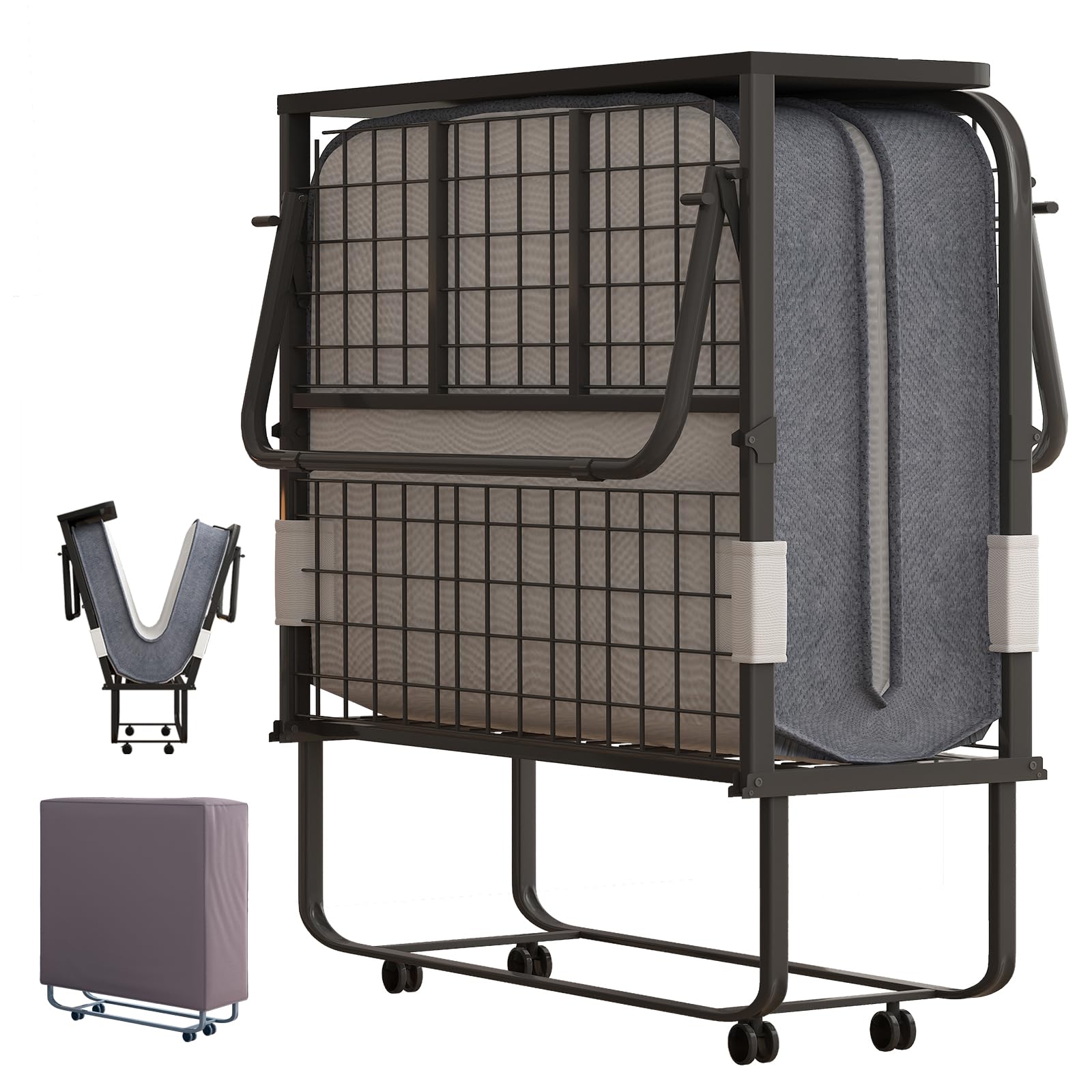 Mjkone Folding Bed with Mattress, Rollaway Bed for Adults with Headborad & Dustproof Bag, 5 Inch Portable Fold Up Bed for Guests with Casters,