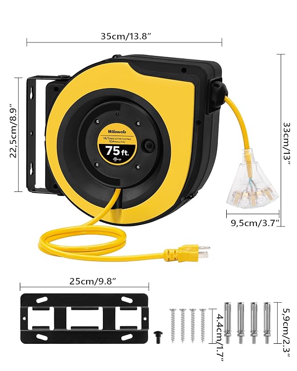 WILAWELS Retractable Extension Cord Reel, 75 FT Extension Cord Reel, 14AWG/3C SJTOW Heavy Duty Power Cord Reel, Lighted Triple Tap, 10A Circuit Breaker, Wall/Ceiling Mounted, UL Listed, Yellow Y75CR06 by WILAWELS - Image 8
