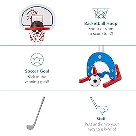 Best Choice Products 3-in-1 Toddler Basketball Hoop Sports Activity Center Grow with Me Indoor Outdoor Adjustable Play Set for Game Room, Kids, Children w/Soccer Goal, Golf, Stickers