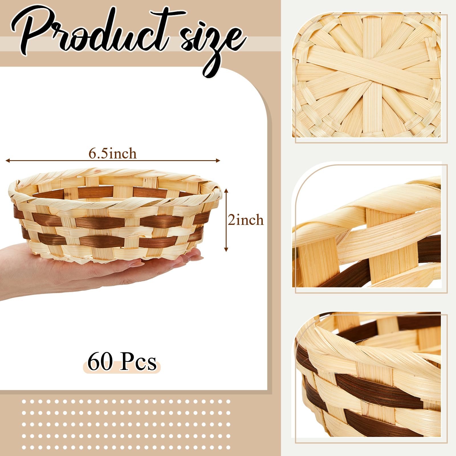 Sintuff 60 cestas pequeñas tejidas redondas de bambú para regalo, 6.5 x 2 pulgadas, cesta de mimbre para pan, frutas, cestas vacías para servir alimentos, para picnic, cocina, restaurante