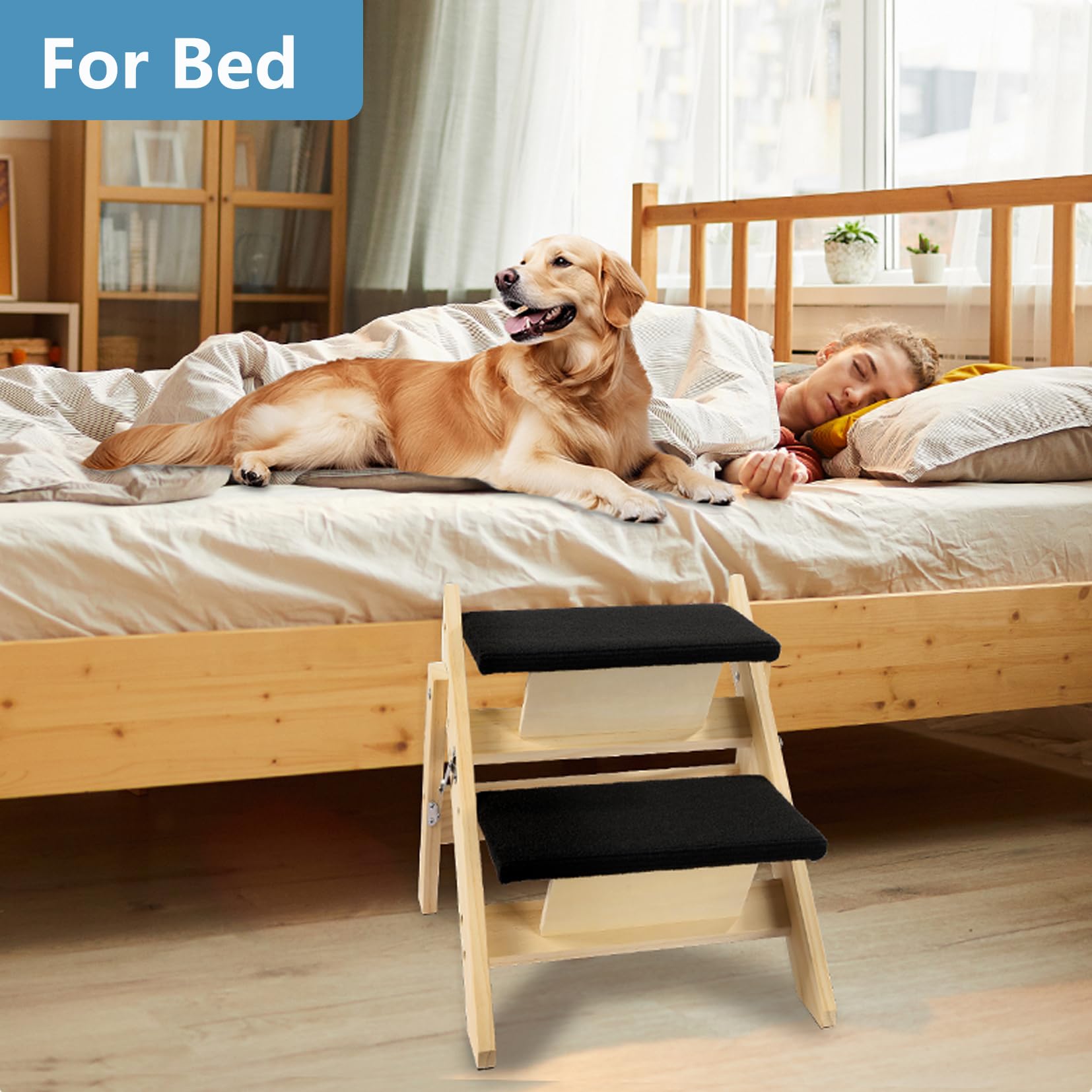 Rampa Pieghevole in Legno 2-in-1 per Cani con 2 Gradini, Scale Durevoli in Legno per Cani/Gradini per Animali Domestici per Cani di Piccola e Media Taglia, Scale per Animali Domestici-IT