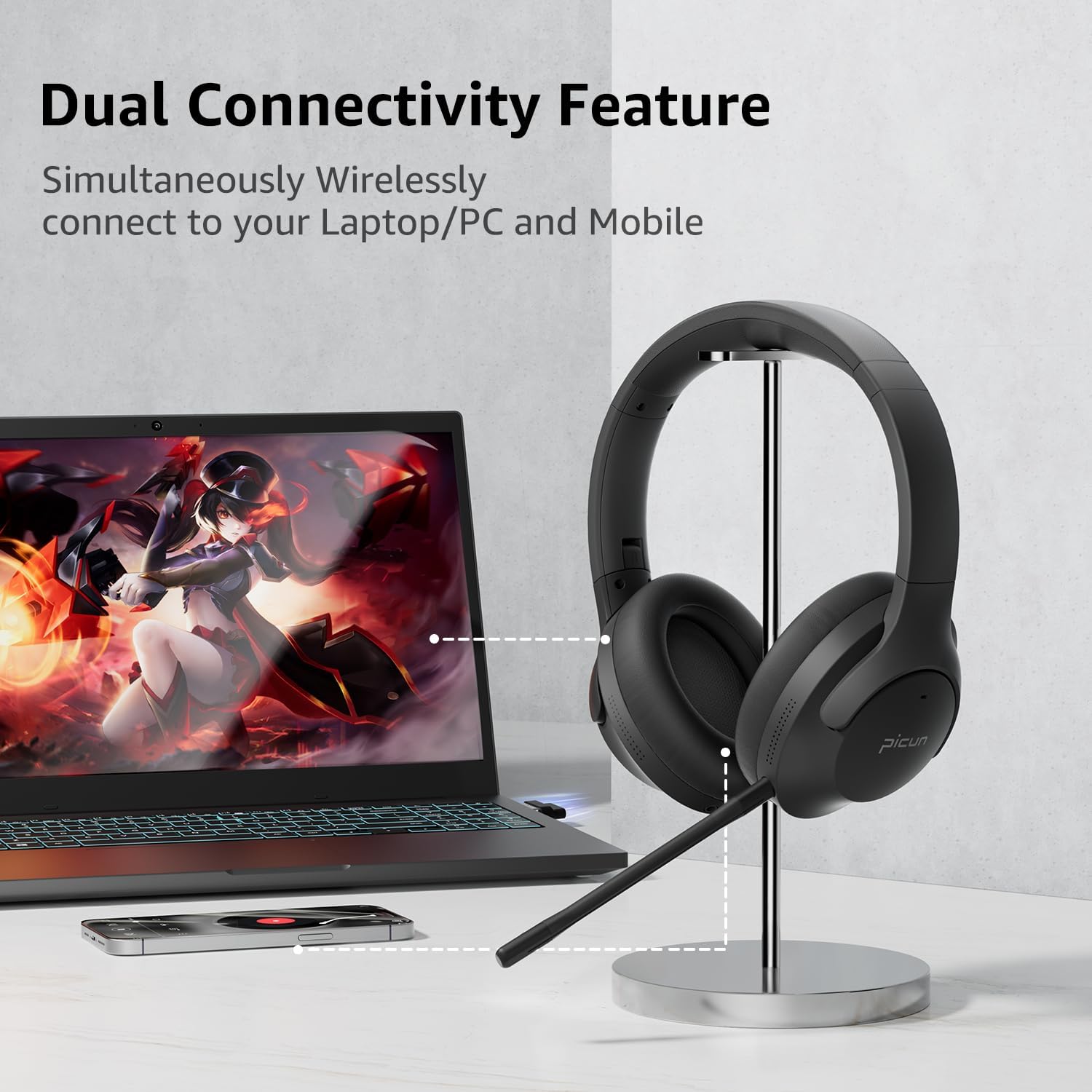 Picun UW05 Headsets connected to a laptop and mobile phone, illustrating dual connectivity.