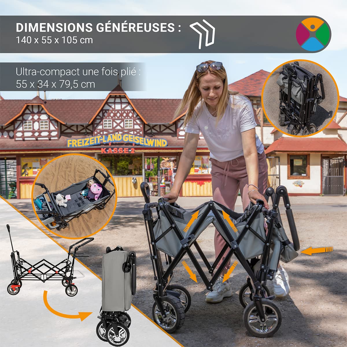 Miweba Chariot pour Enfants MB-20 - Chariot Pliable - Système de Harnais à 2X 3 Points - Frein de Stationnement - Roues en Caoutchouc Dur - Pare-Soleil avec Protection UV (LSF25)