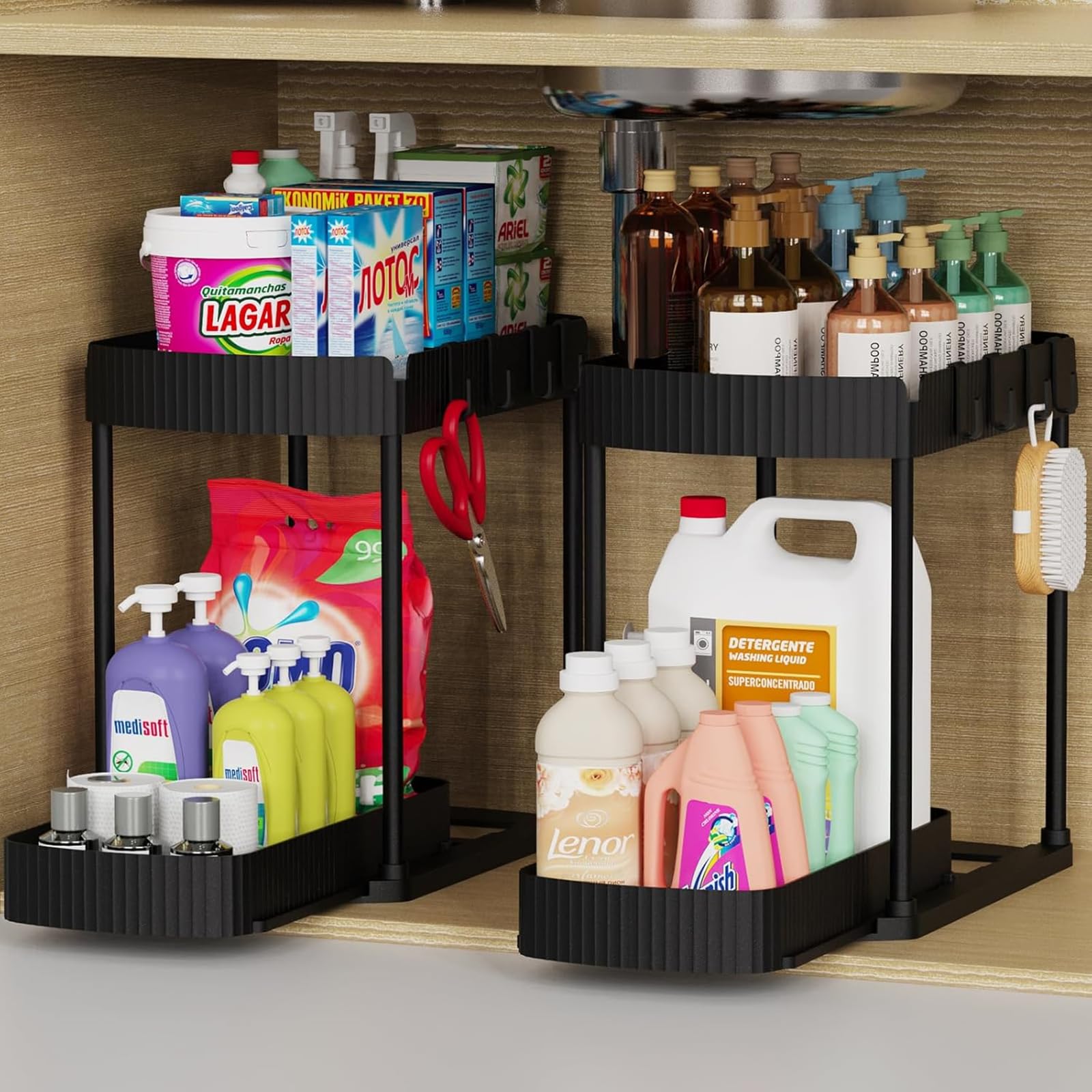 Earning Power Under Sink Storage 2 Tier Sliding Organiser, Multi-Purpose Shelf Organiser, Pull Out Cabinet Basket Drawer with 4 Hooks for Bathroom & Kitchen, 2 Pack(Black)