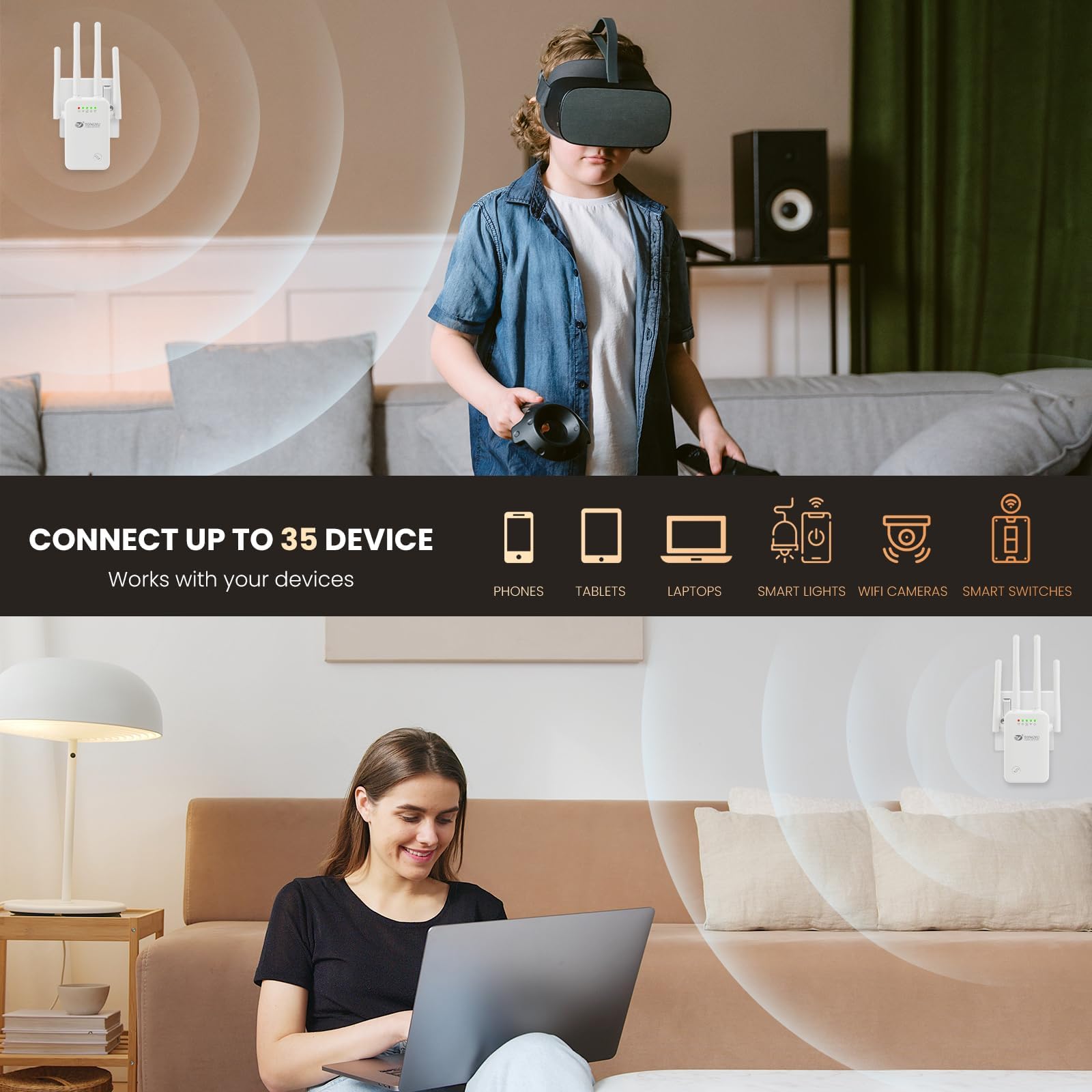 Tongyu 300Mbps WiFi Repeater/Extender Signal Booster for Home and Outdoor,Full Coverage 5000 sq.ft and 35 Devices WiFi Range Extender,with Repeater,Ap,Router 3-in-1 Function