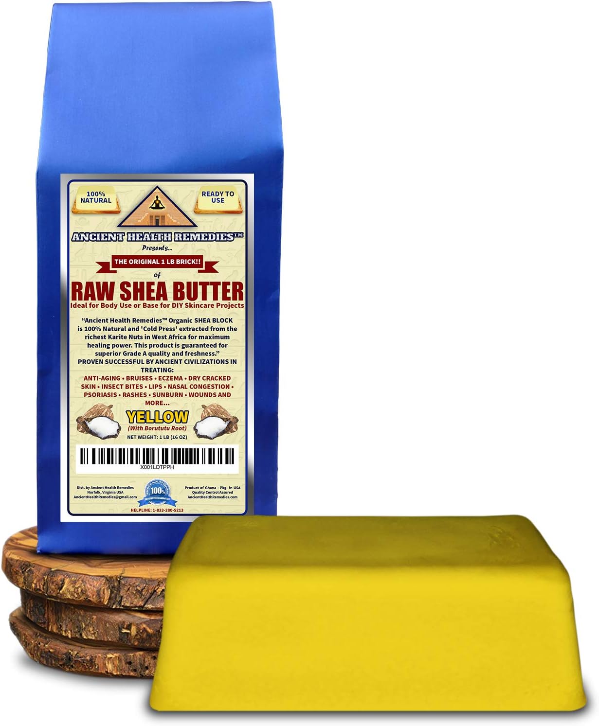Ancient Health Remedies Organic Unrefined Raw AFRICAN YELLOW SHEA BUTTER 1 LB (16 oz) BLOCK Grade A for Anti Aging, Dry Skin, Base for DIY Body Butter, Beauty, Skin Moisturizer & Hand Cream (GHANA)