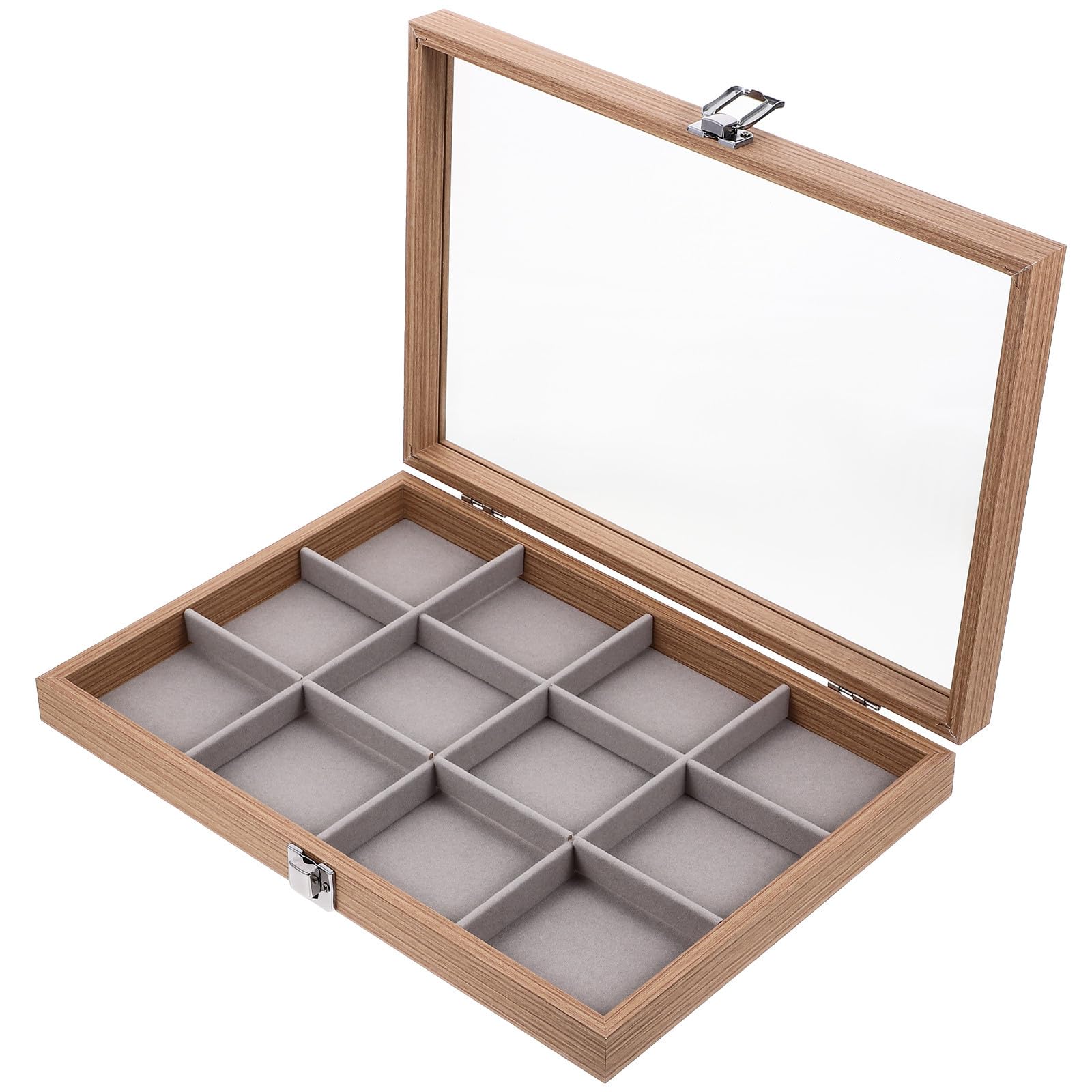 Beaupretty Joyero Portátil de Madera con Tapa de Vidrio, 12 Compartimentos