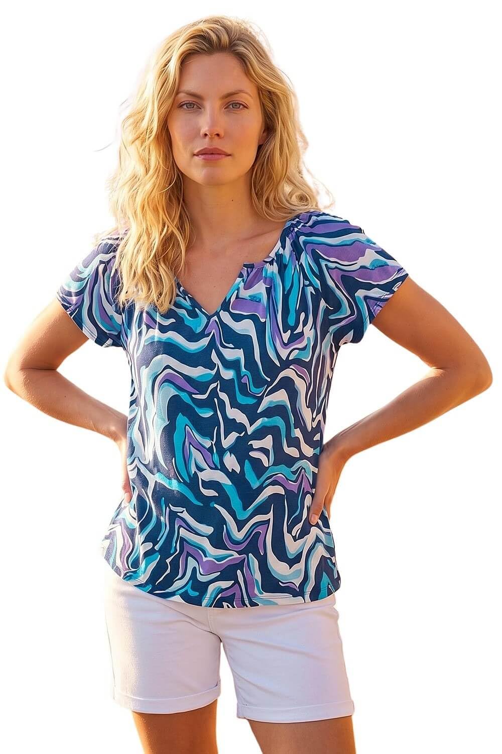 Roman Women's Blue Abstract Wave Print Stretch Top Size 20