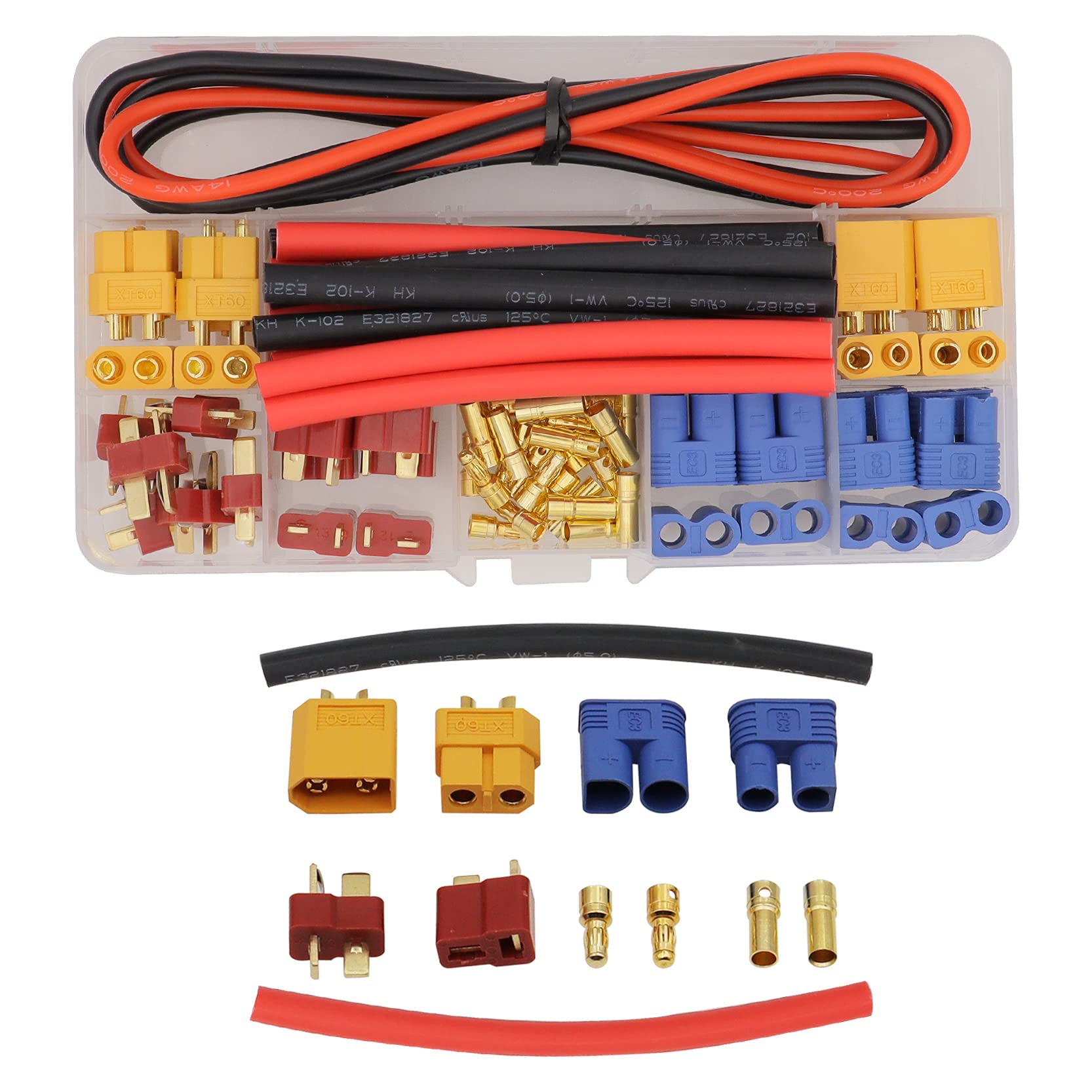 Treehobby XT60 / EC3 / Deans T-Plug Male Female Connectors Adapter with Silicone Wire and Heat Shrink Tubes for RC ESC Lipo Battery Motor Accessories (Total 58PCS)