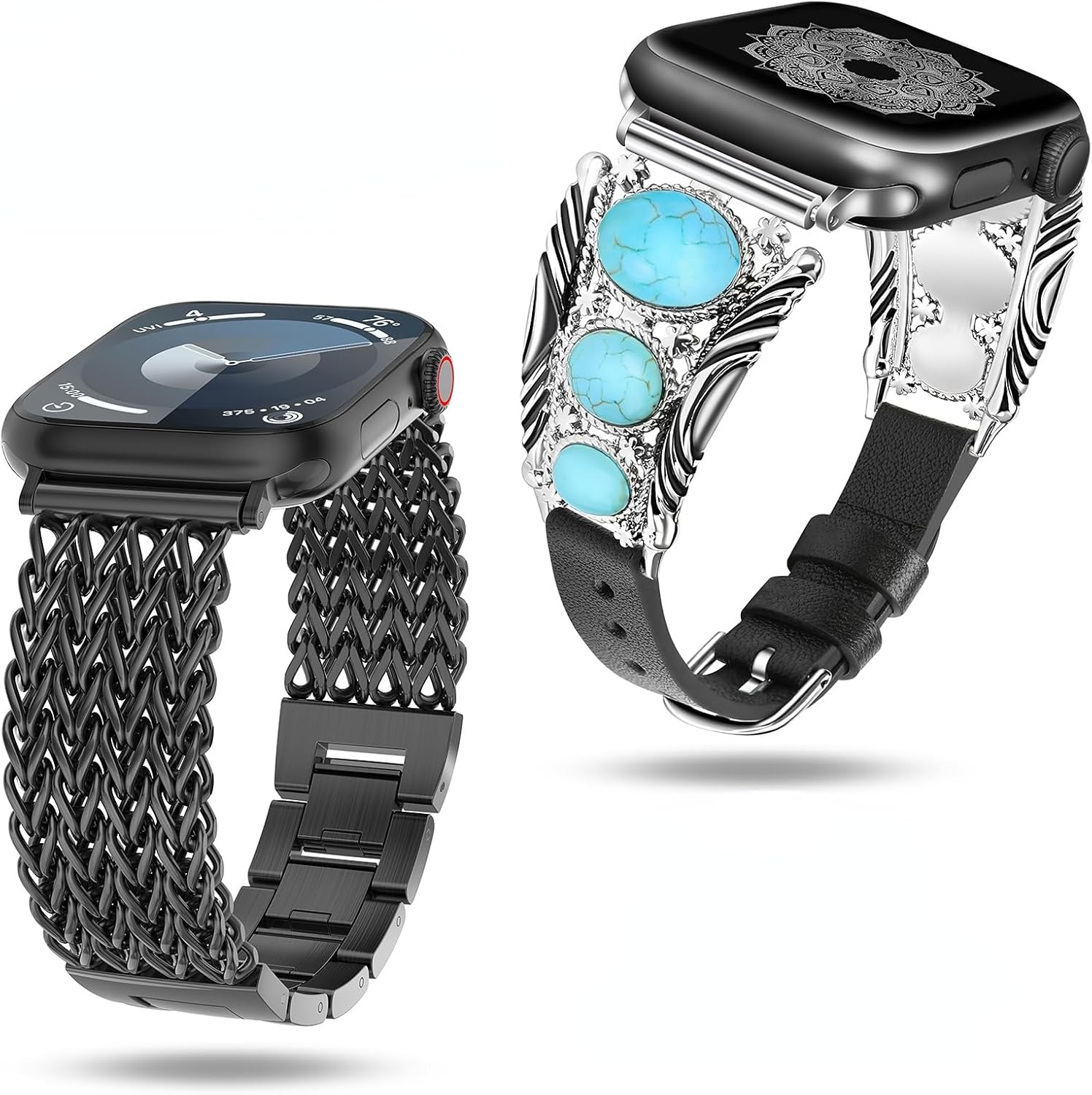 Minyee 2 Packs Compatible with Apple Watch Band 41/40/38/44/45/49/42mm Women, Turquoise Jewelry Style Strap & Stainless Steel Chain Mermaid Style Strap for iWatch Ultra SE Series 9 8 7 6 5 4 3 2 1