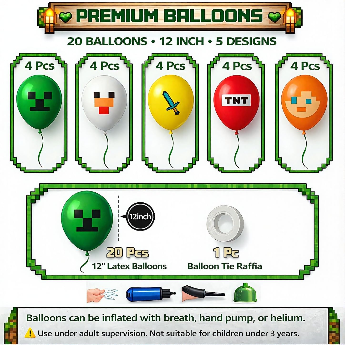 Pixel Game Birthday Party Decorations - Miner Supplies Set Gaming Theme - Including Banner Balloons Tablecloth Plates Toppers Napkins Favor Bags - Mining Bday Pack Craft Decor Kit Boys Girls