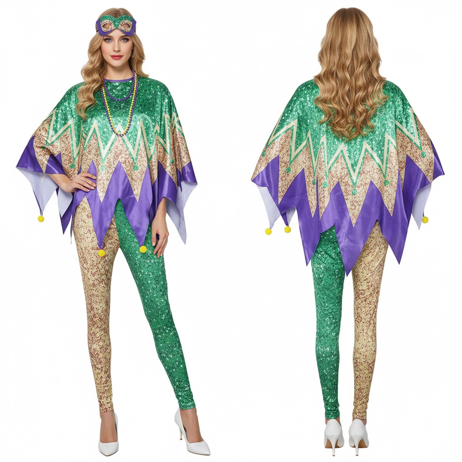 Generisch Costume da carnevale da donna lucido, leggings mantello e benda, set da 3 pezzi, per cosplay, feste, costumi da palcoscenico, costume da carnevale, abbigliamento da festa