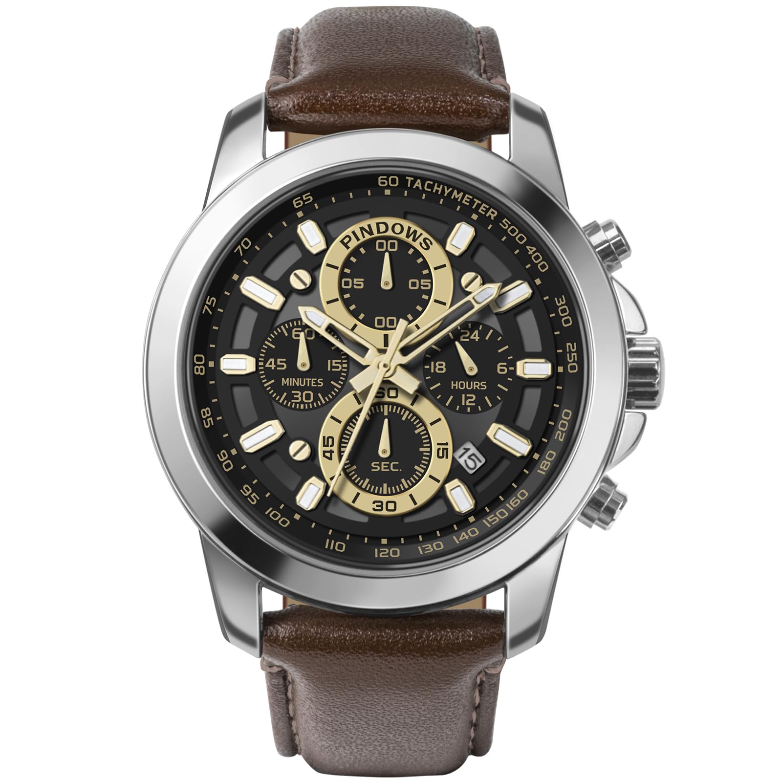 PINDOWS Orologio da uomo analogico al quarzo cronografo impermeabile luminoso orologio da polso con cinturino in pelle nero marrone per abbigliamento business e casual
