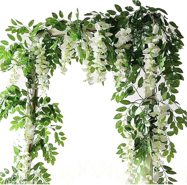 UNIQU 4 x 7FT Artificial Wisteria Vine Garland Plants Fake Flowers Hanging Garland Silk Flower for Wedding Decorations Home Garden Party Decor Simulation Flower (White)