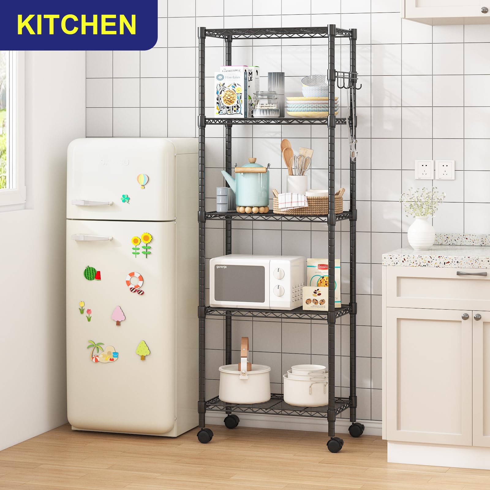 Himimi Scaffale con ruote, in metallo su ruote, regolabile in altezza, con 5 ripiani, per cucina, bagno, dispensa, 35 x 59 x 183 cm, colore nero