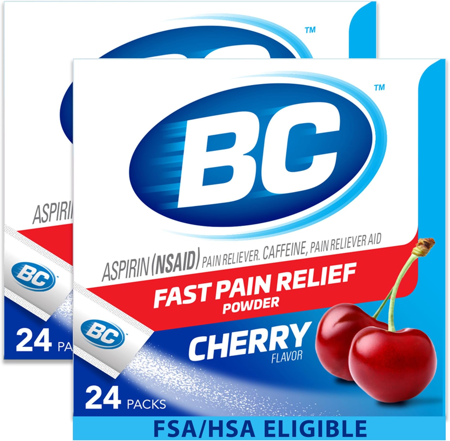 BC Powder Pain Reliever, Cherry Flavor Aspirin Dissolve Packs, 24 Count Powder Packets (2 Pack)