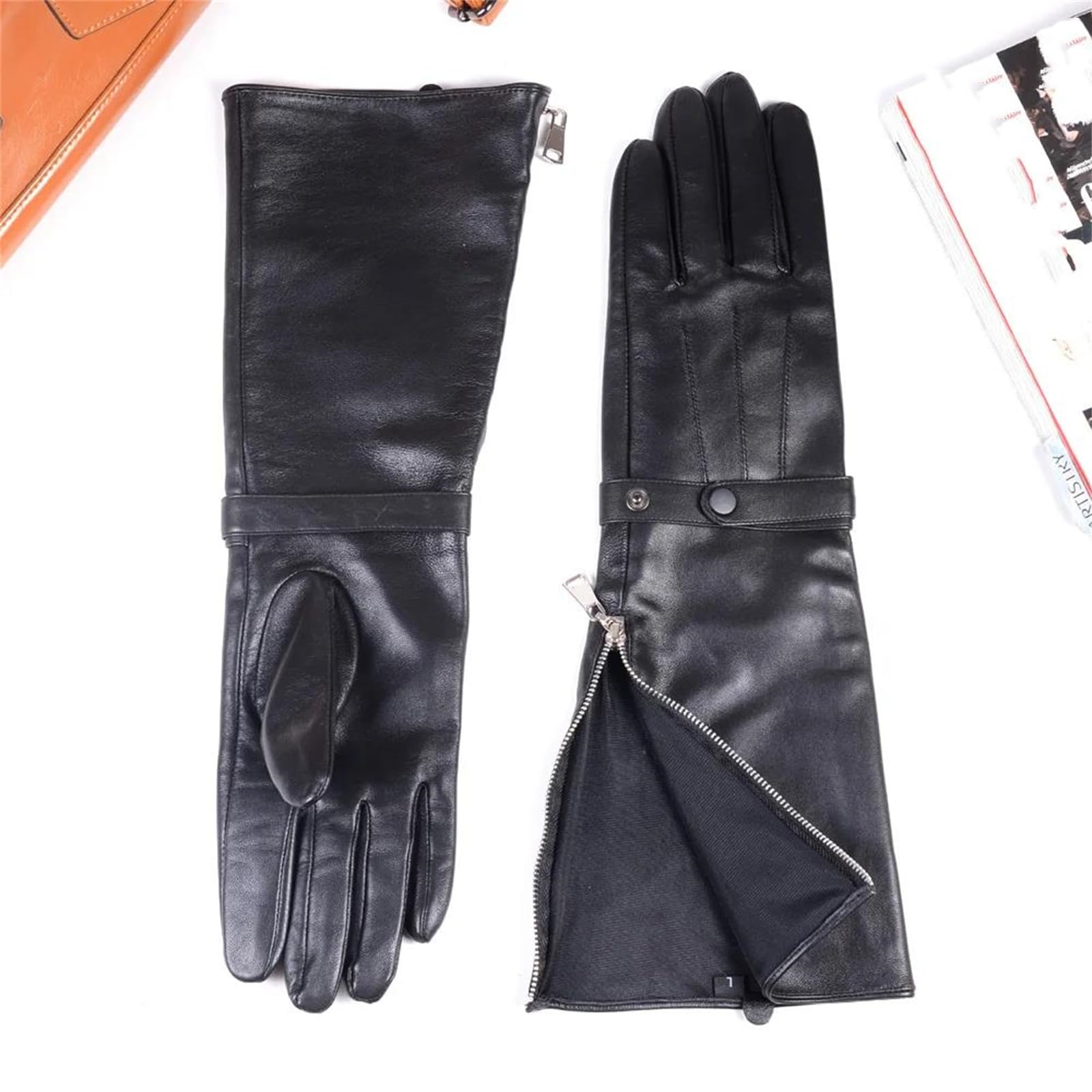 Guantes largos de piel de oveja auténtica negra para hombre, longitud al codo, con cremallera, guantes de caballero medieval para cosplay