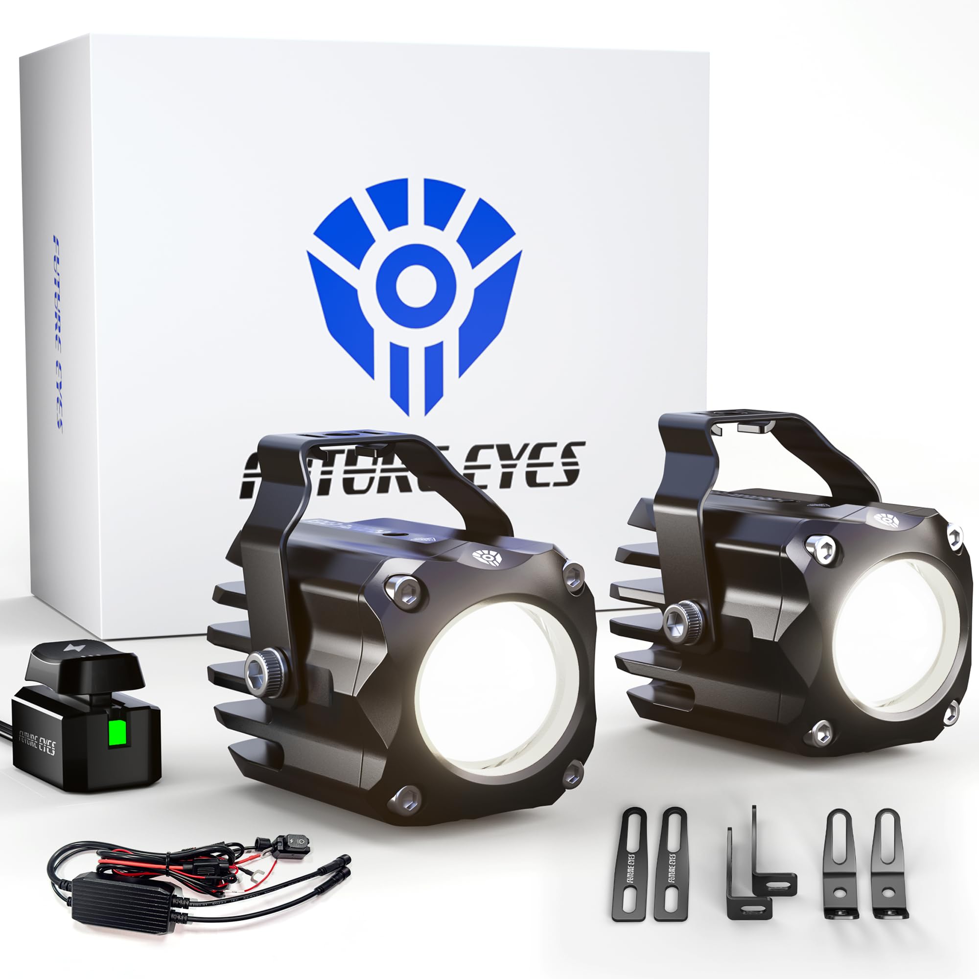 Future Eyes Faretti Supplementari Moto LED 120W 12000LM CE E-Mark E57, IP67 Impermeabili Fari, Fari Supplementari Moto 60W Doppio Fascio con Supporto 360°